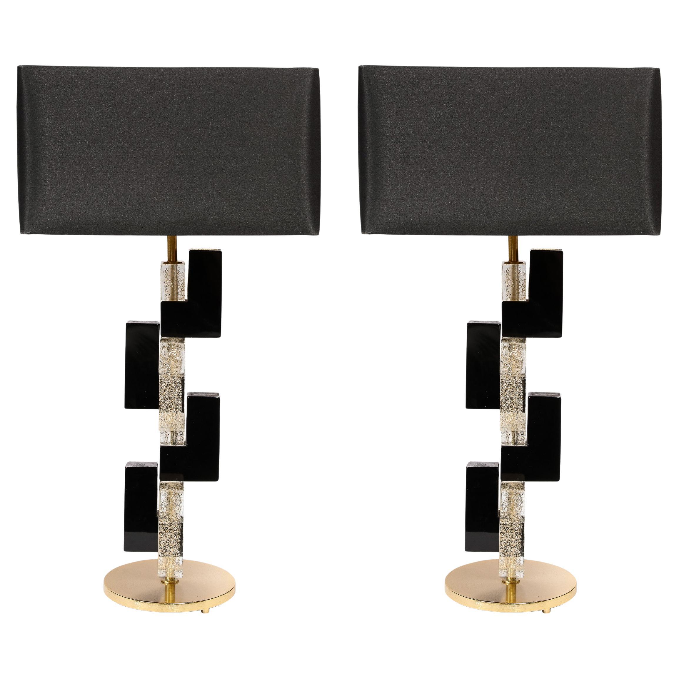 Modernist Hand-Blown Murano Rectilinear Table Lamps in Black & Translucent Glass