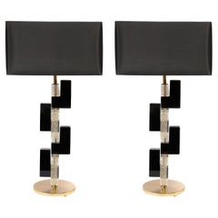Modernist Hand-Blown Murano Rectilinear Table Lamps in Black & Translucent Glass