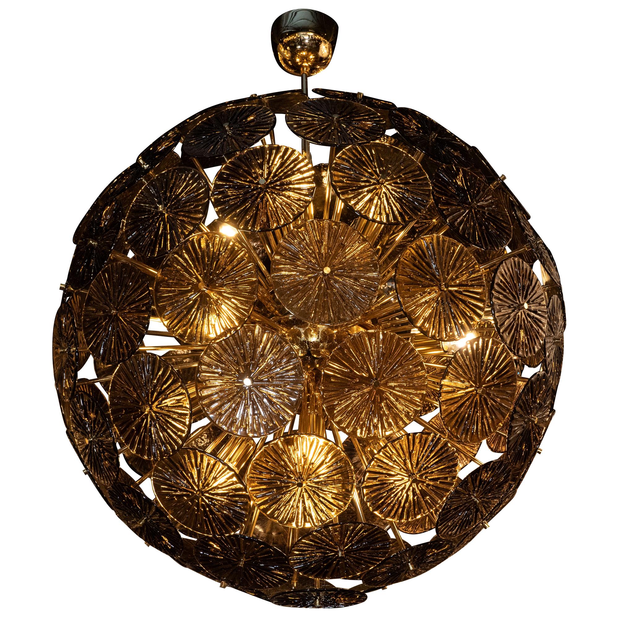 Modernist Hand Blown Murano Smoked Bronze Glass and Polished Brass Sputnik