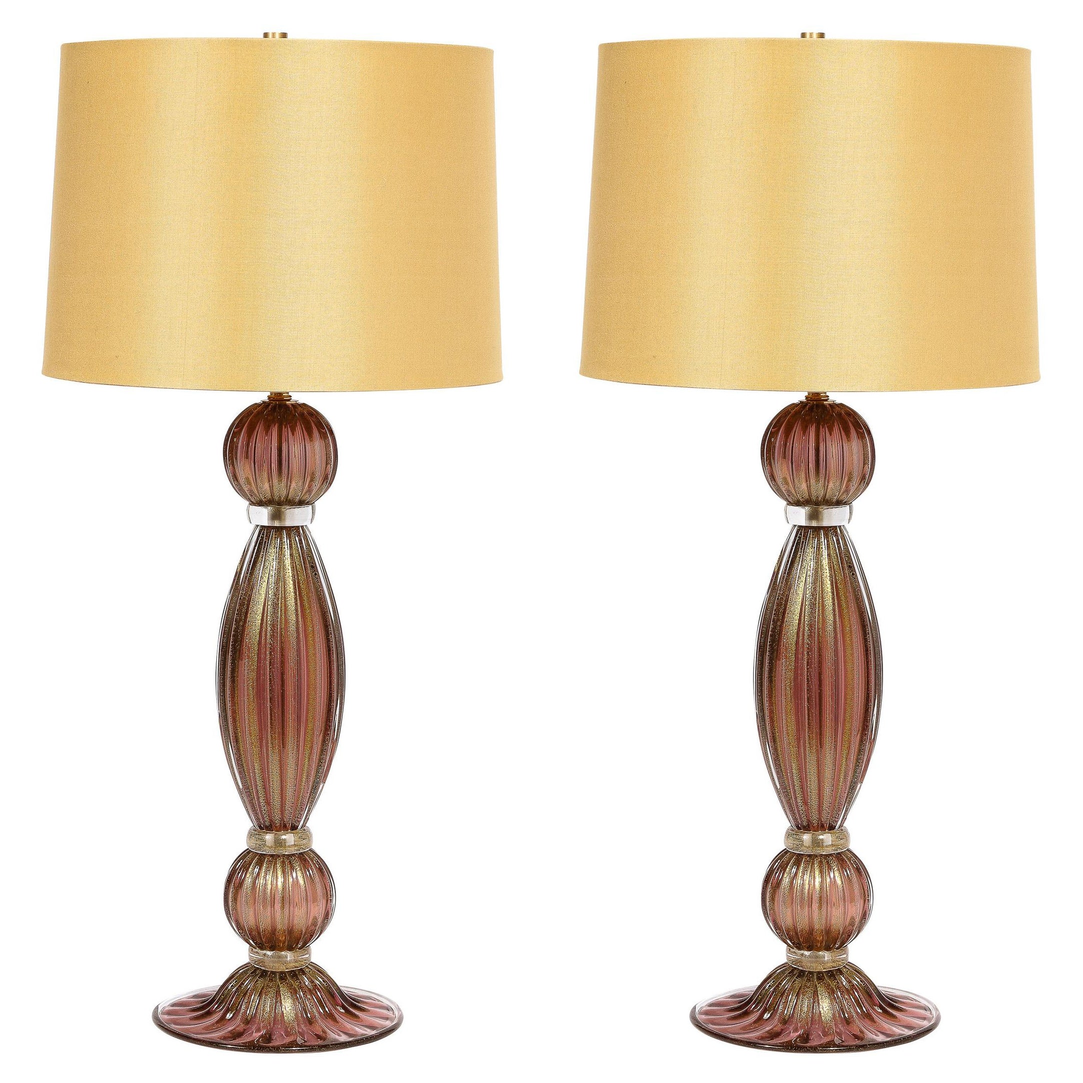Lampes de bureau modernistes en verre de Murano soufflé à la main et à bordure fumée avec or 24 carats