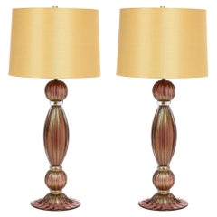 Modernist Hand-Blown Murano Smoked Chambord Glass Table Lamps w/ 24 Karat Gold