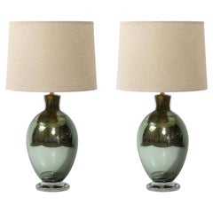Modernist Hand-Blown Murano Smoked Emerald Glass Table Lamps W/ 24K Gold Flecks