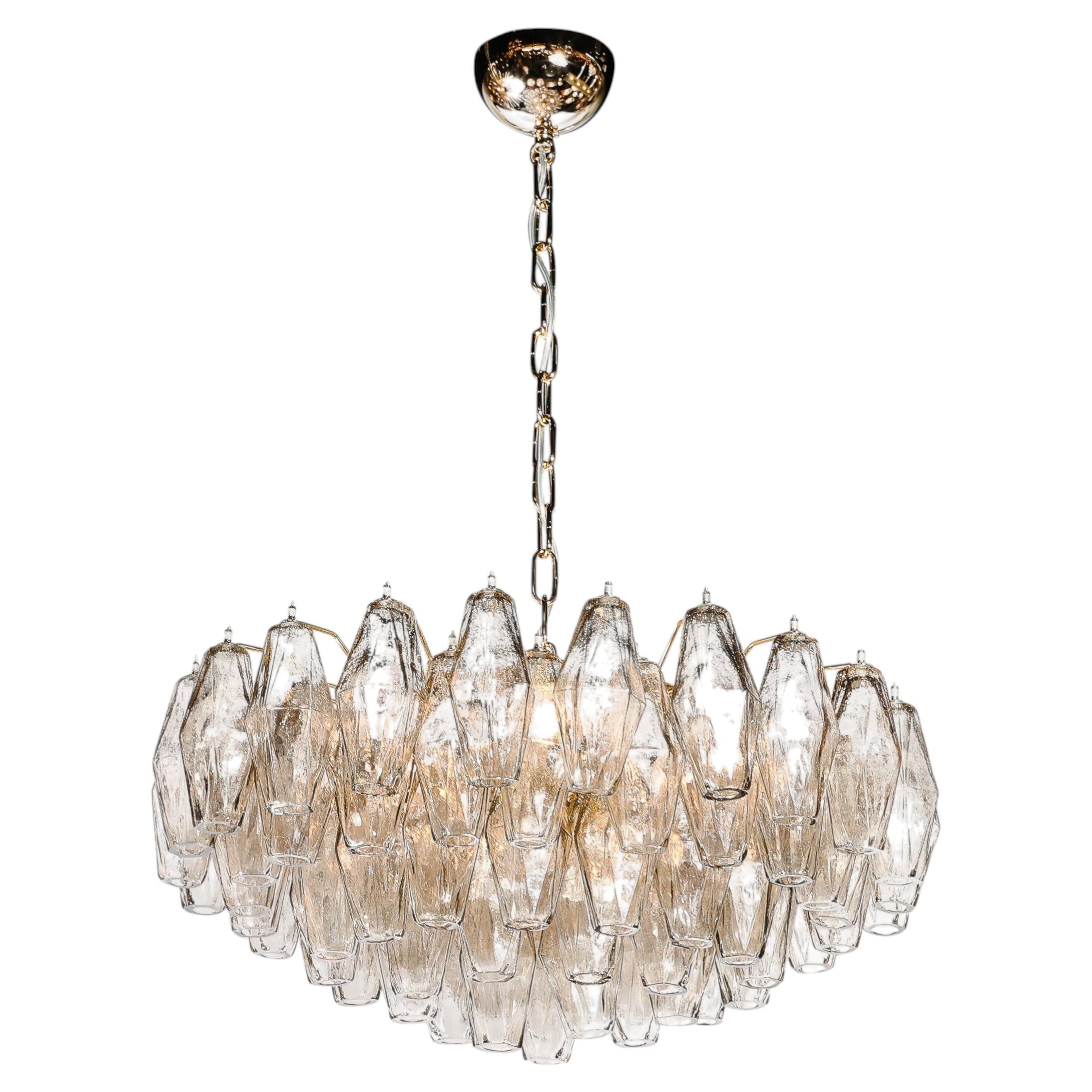 Modernist Hand-Blown Murano Smoked Glass Polyhedral Chandelier in Brass Fittings
