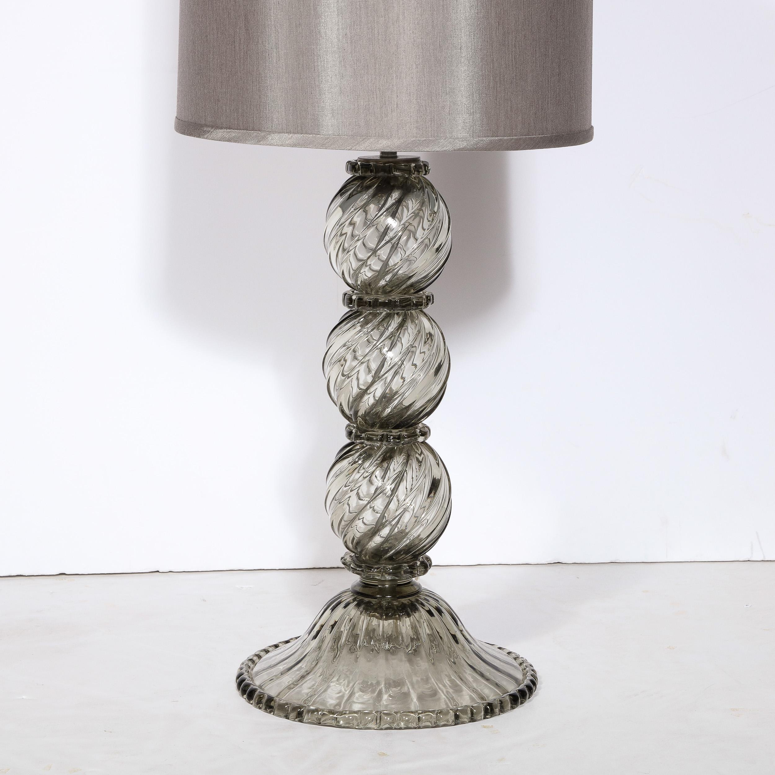 Italian Modernist Hand Blown Murano Smoked Glass Table Lamp with Scalloped Detailing For Sale