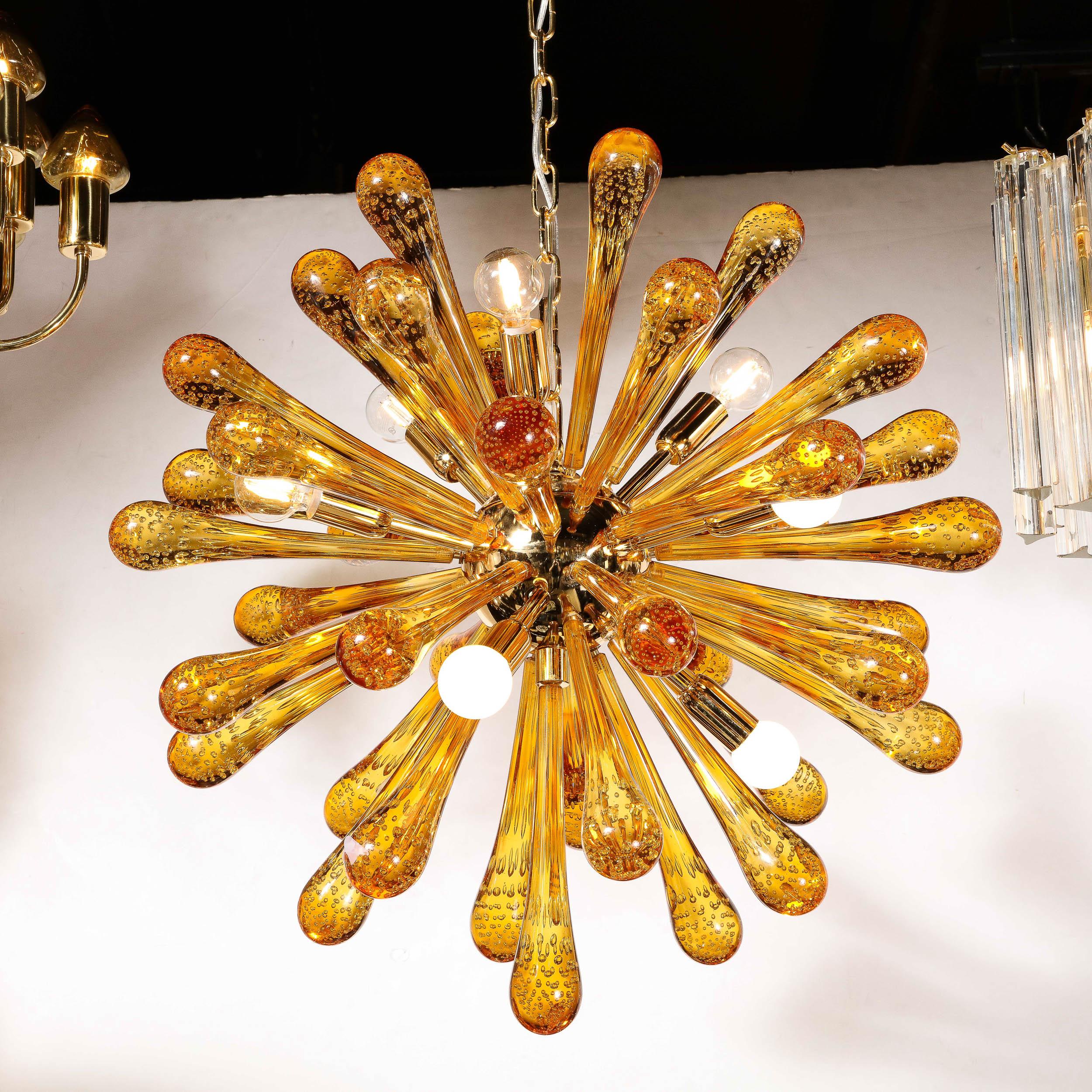 Italian Modernist Hand Blown Murano Smoked Honey Sputnik Chandelier with Brass Fittings For Sale
