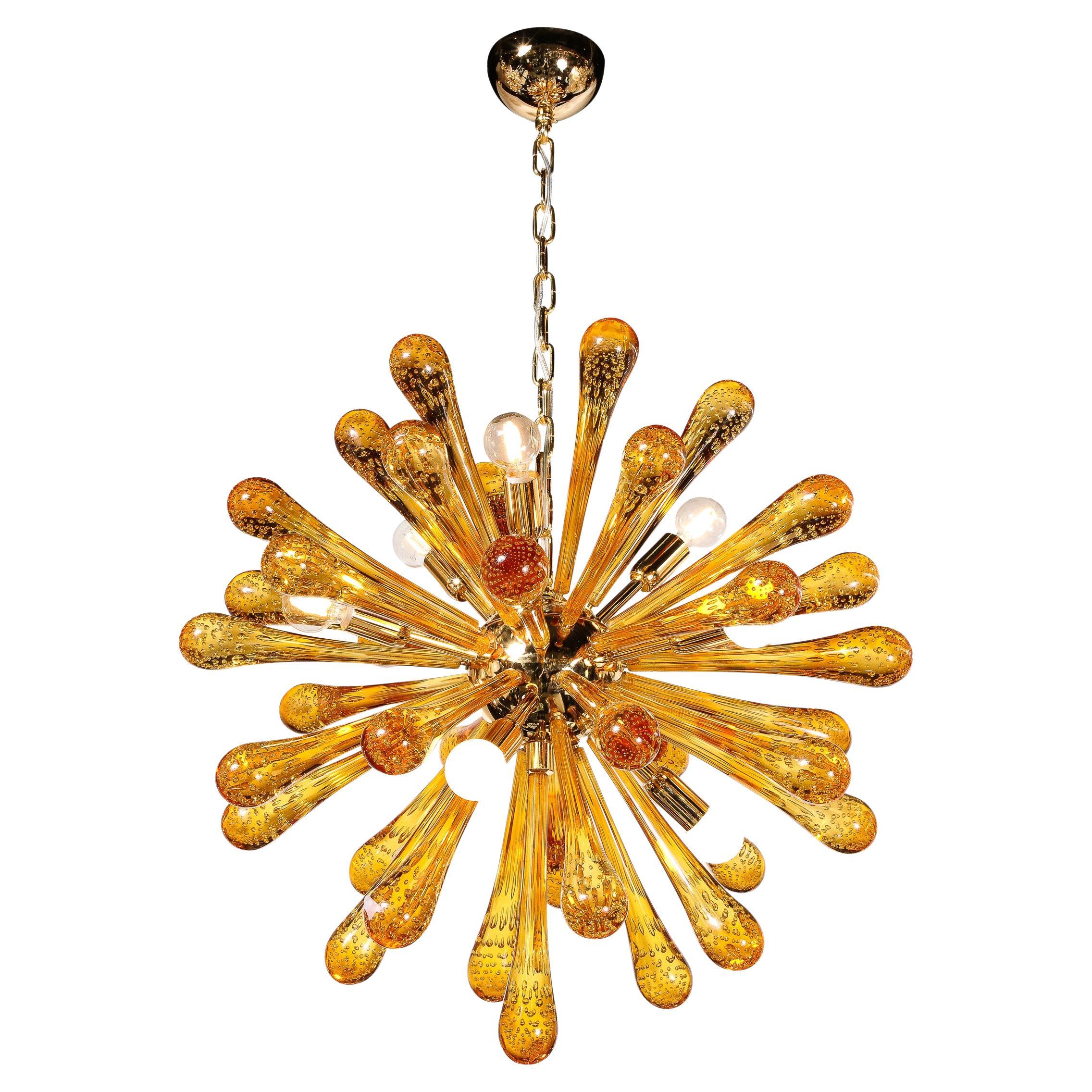 Modernist Hand Blown Murano Smoked Honey Sputnik Chandelier with Brass Fittings For Sale