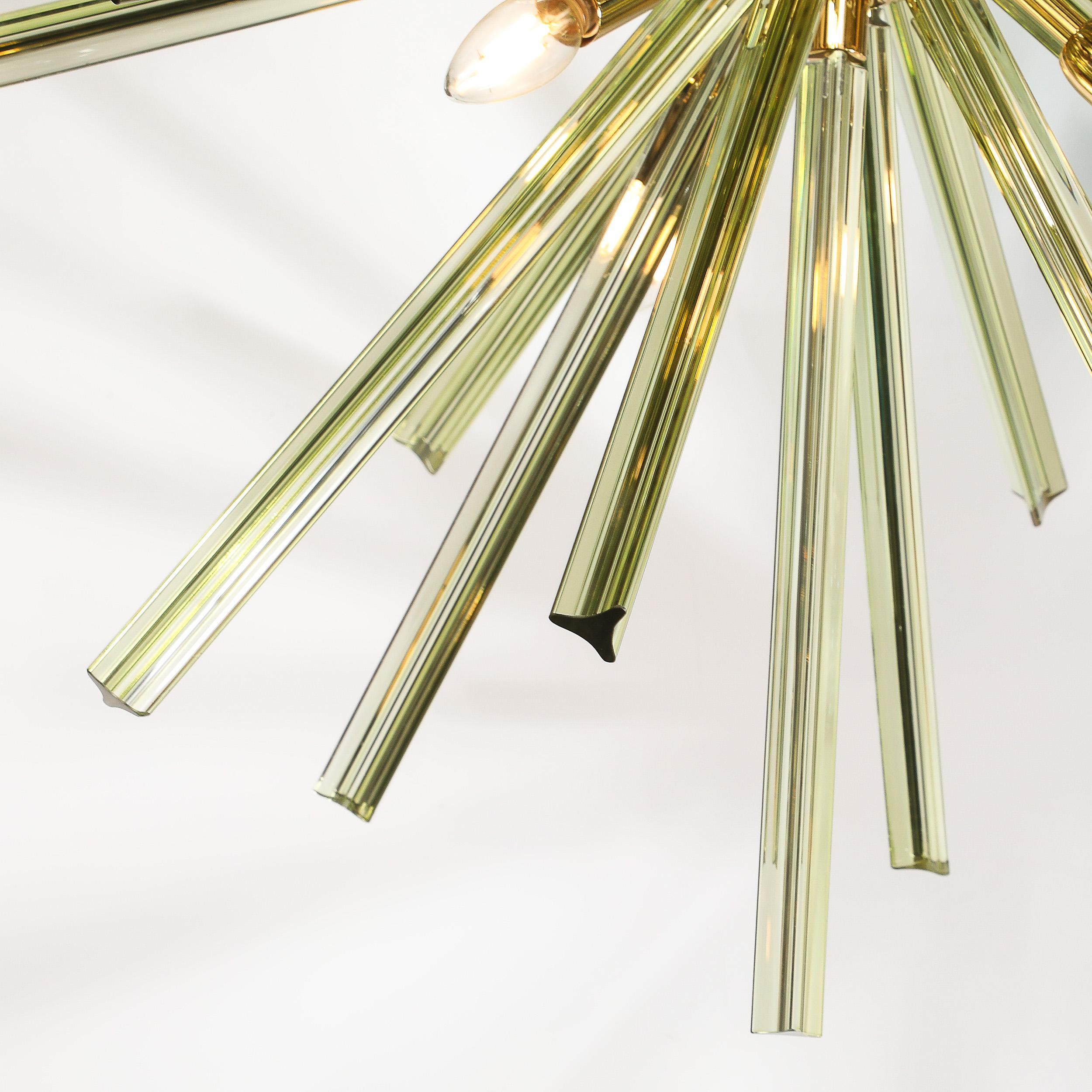 Brass Modernist Hand-Blown Murano Smoked Peridot Camer Glass Sputnik Chandelier For Sale