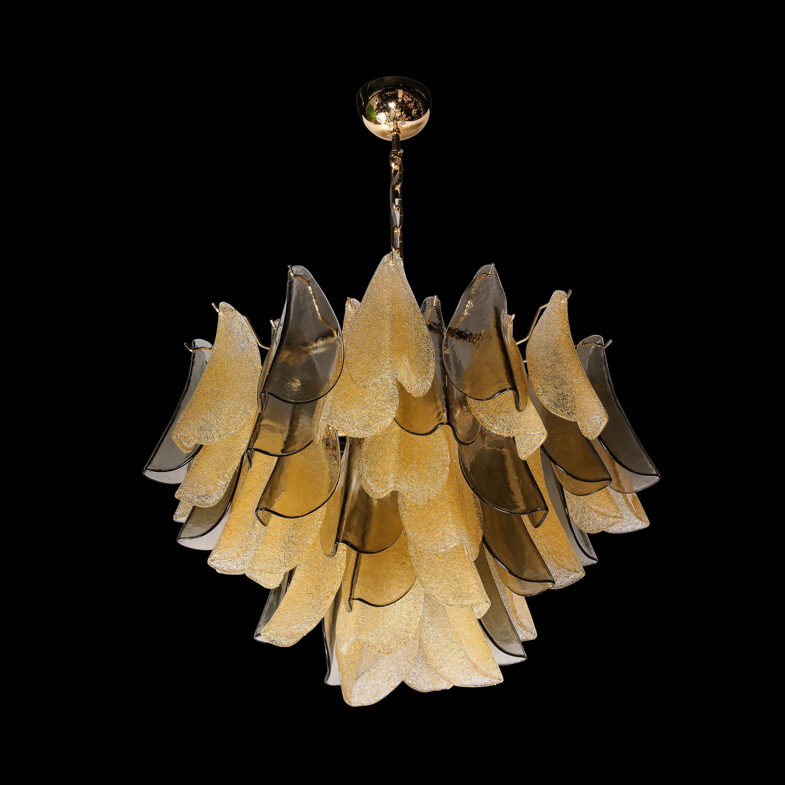 Italian Modernist Hand-Blown Murano Smoked Topaz & Gold Glass Feather Chandelier