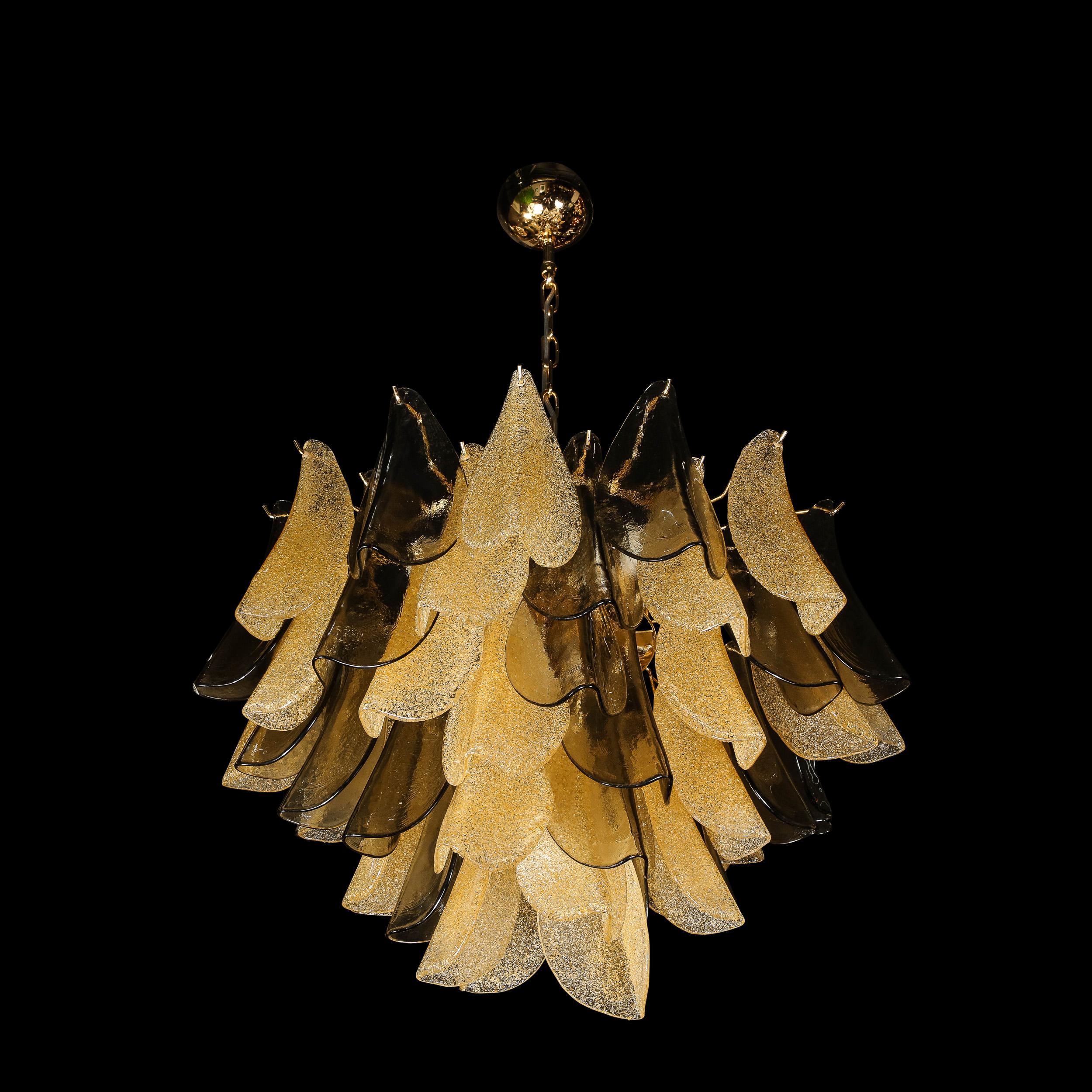Modernist Hand-Blown Murano Smoked Topaz & Gold Glass Feather Chandelier In Excellent Condition In New York, NY