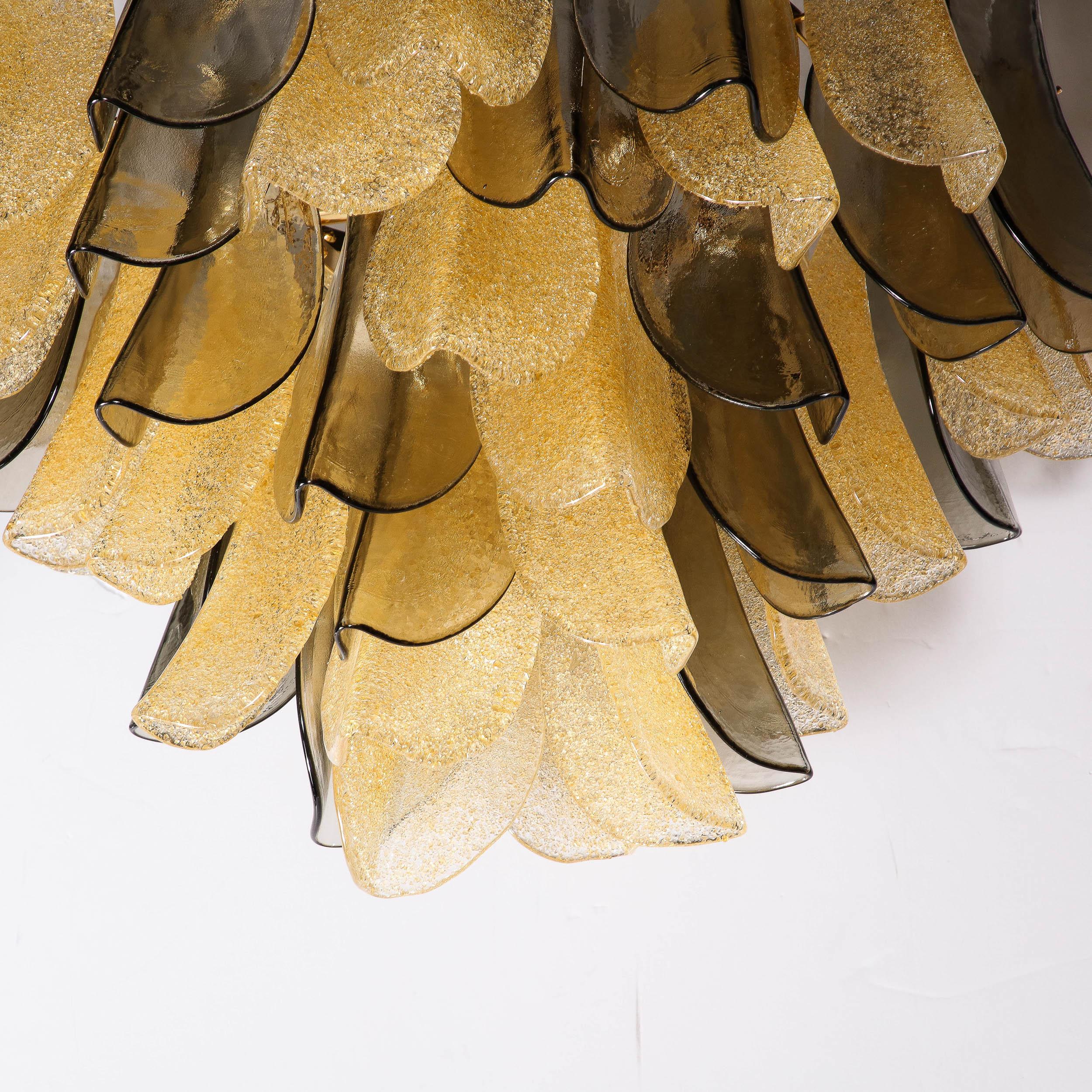 Modernist Hand-Blown Murano Smoked Topaz & Gold Glass Feather Chandelier 3