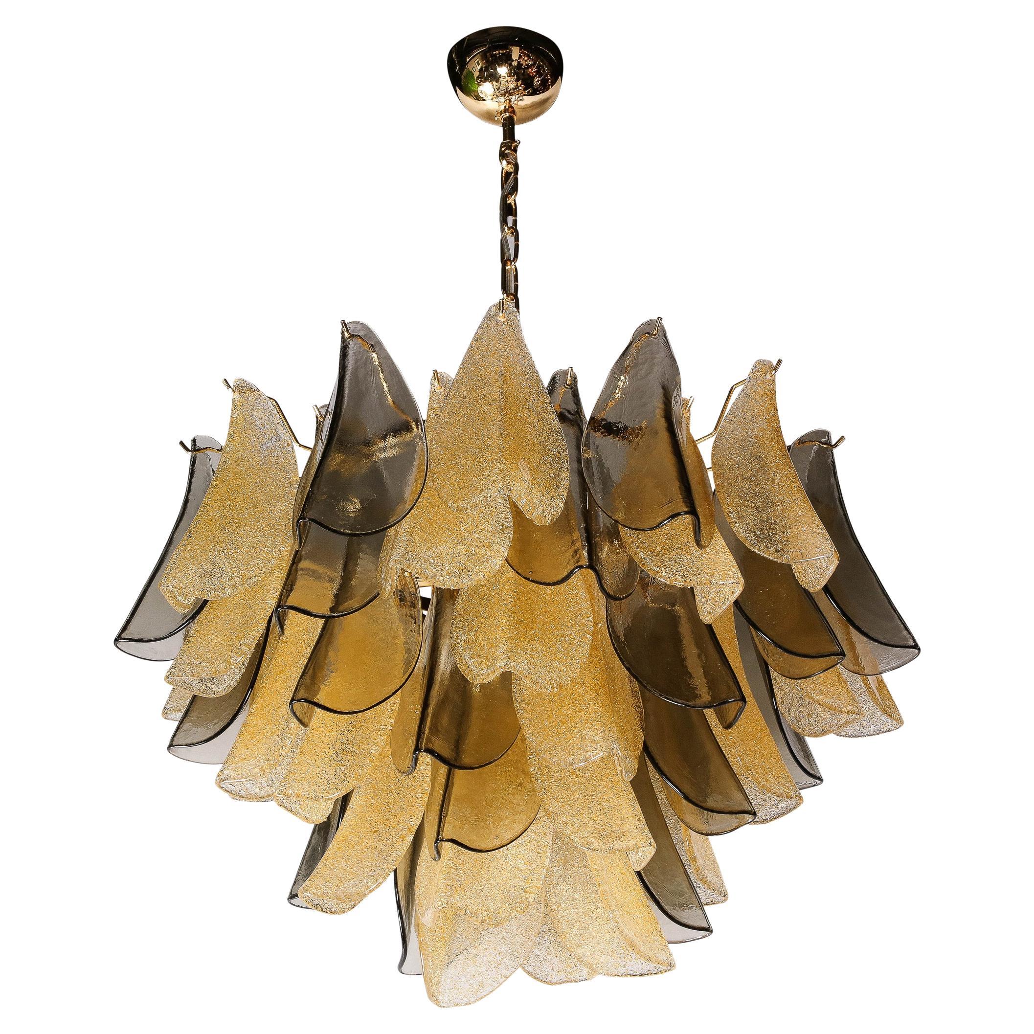 Modernist Hand-Blown Murano Smoked Topaz & Gold Glass Feather Chandelier