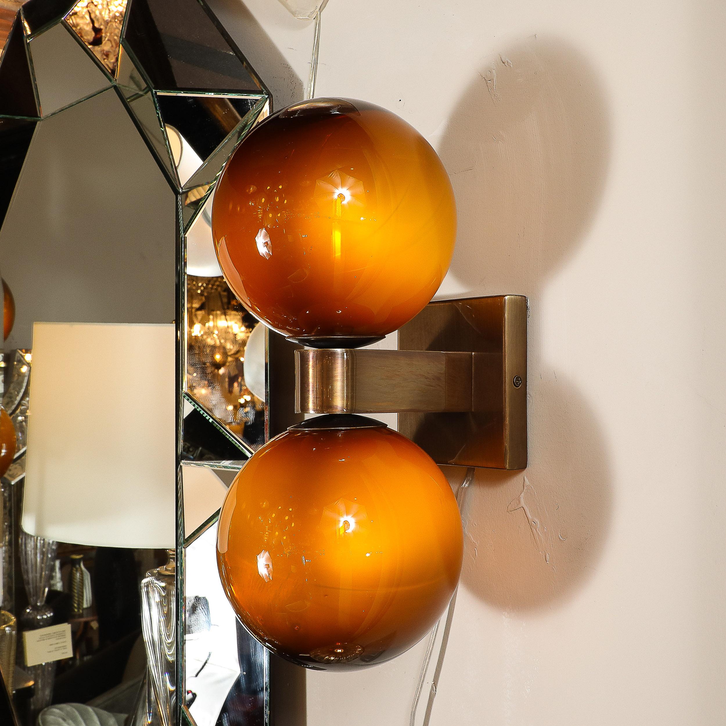 Modernist Hand-Blown Murano Smoked Tortoise Glass Double Sphere & Bronze Sconces For Sale 5