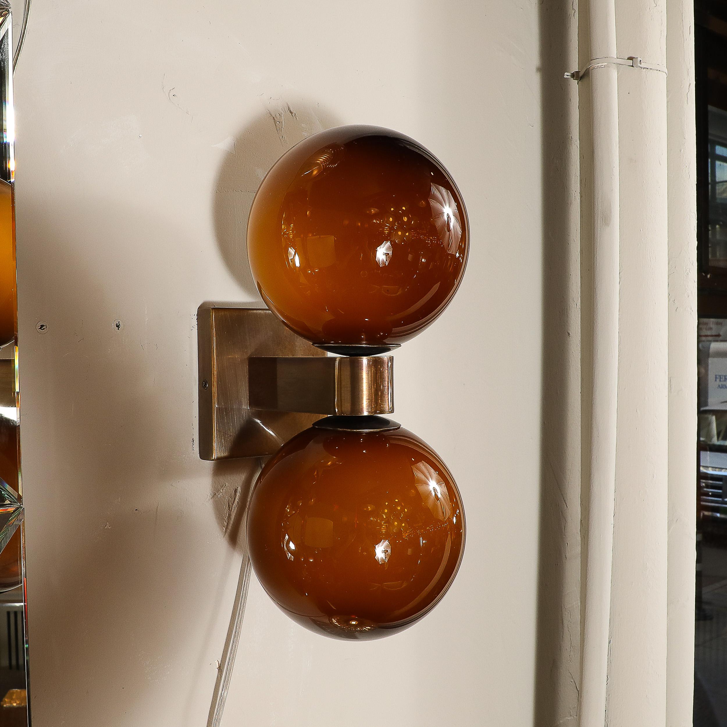 Modernist Hand-Blown Murano Smoked Tortoise Glass Double Sphere & Bronze Sconces For Sale 7