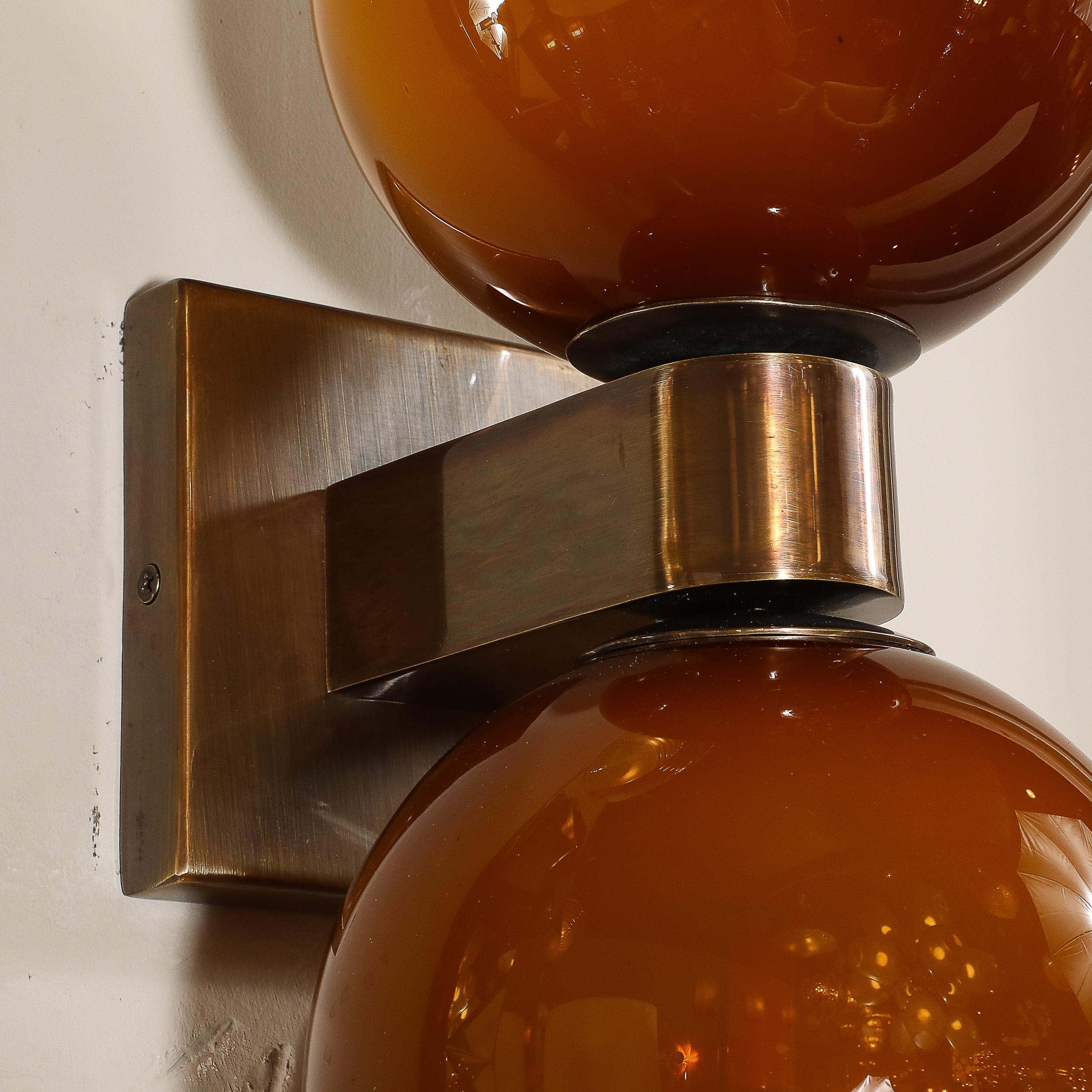 Modernist Hand-Blown Murano Smoked Tortoise Glass Double Sphere & Bronze Sconces For Sale 8