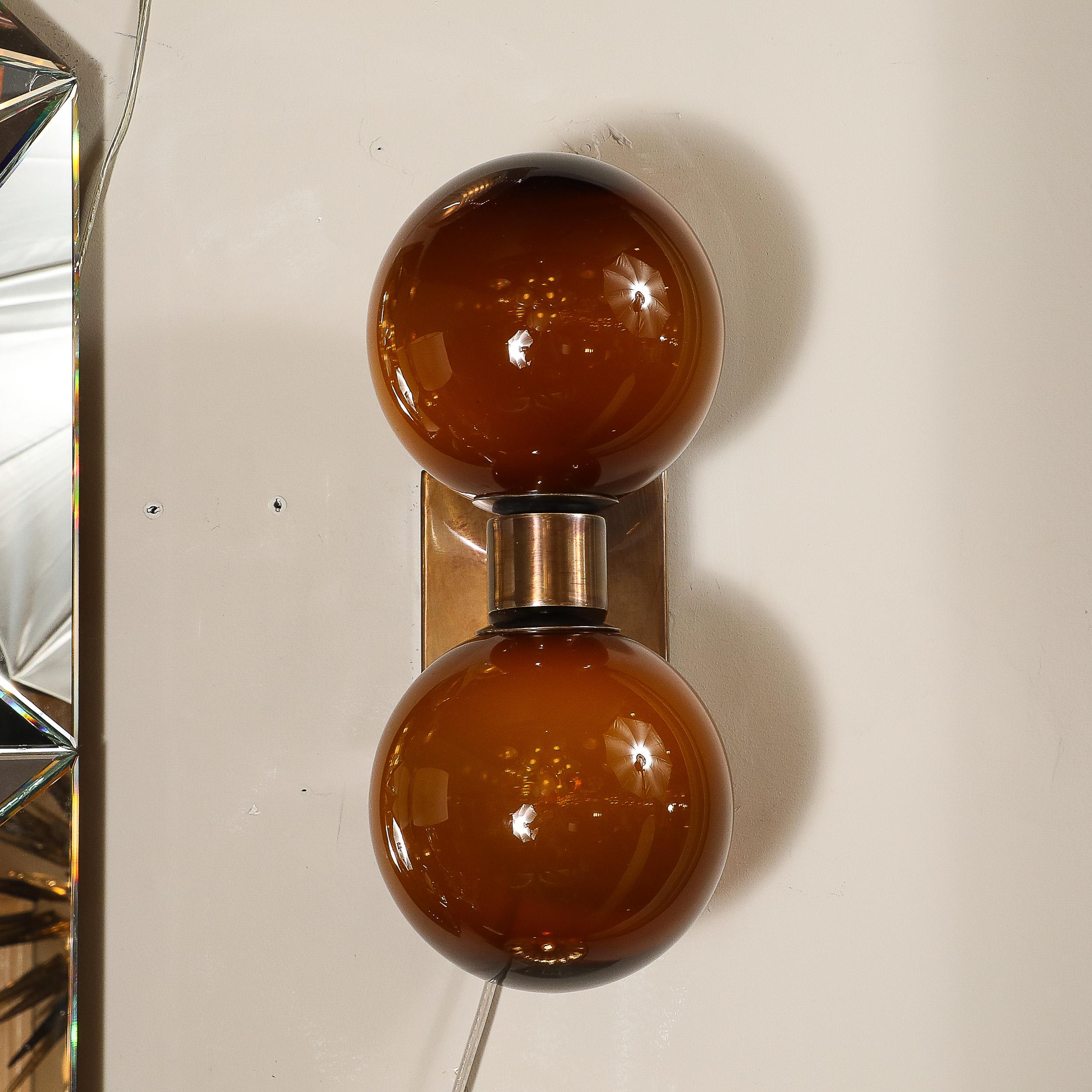Modernist Hand-Blown Murano Smoked Tortoise Glass Double Sphere & Bronze Sconces For Sale 9