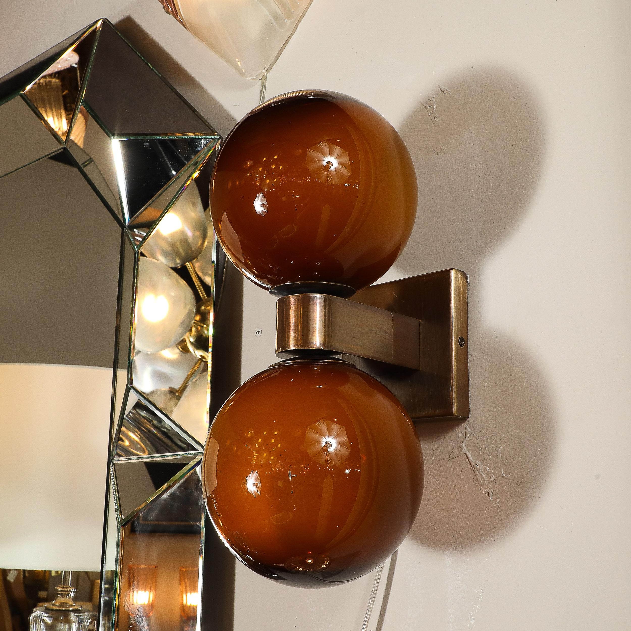 Modernist Hand-Blown Murano Smoked Tortoise Glass Double Sphere & Bronze Sconces For Sale 10