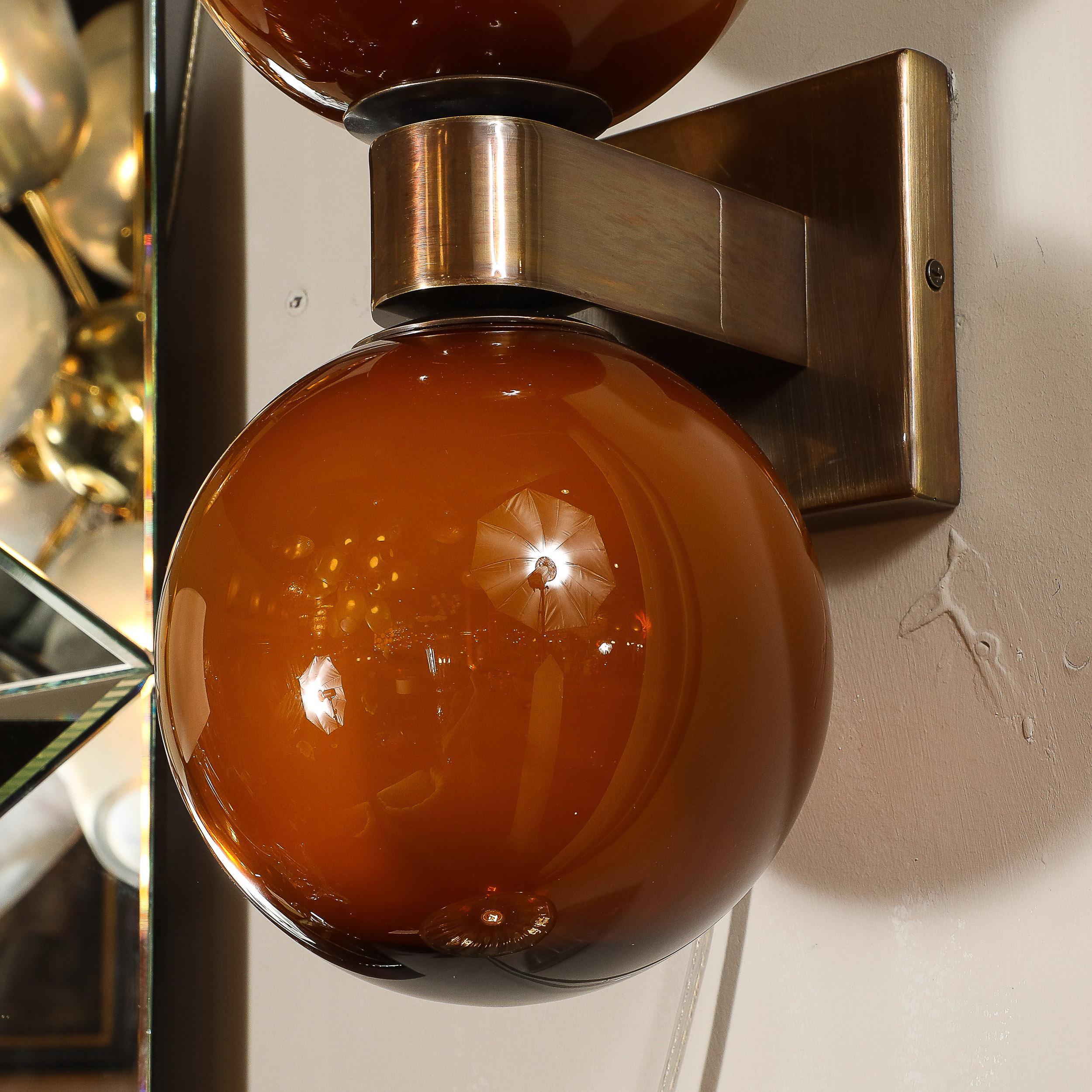 Modernist Hand-Blown Murano Smoked Tortoise Glass Double Sphere & Bronze Sconces For Sale 11