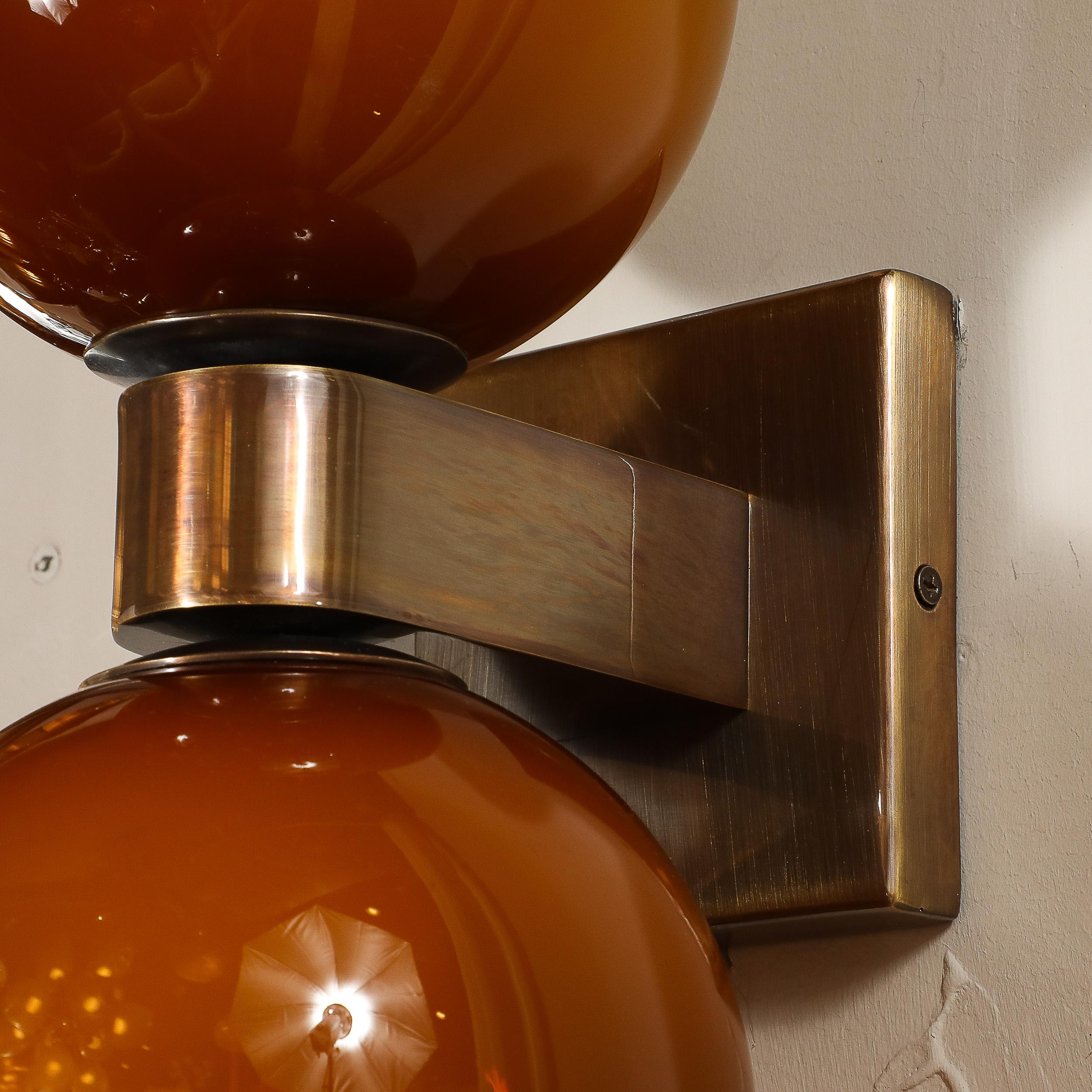 Modernist Hand-Blown Murano Smoked Tortoise Glass Double Sphere & Bronze Sconces For Sale 12