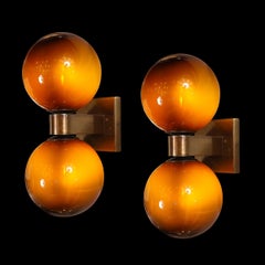 Modernist Hand-Blown Murano Smoked Tortoise Glass Double Sphere & Bronze Sconces