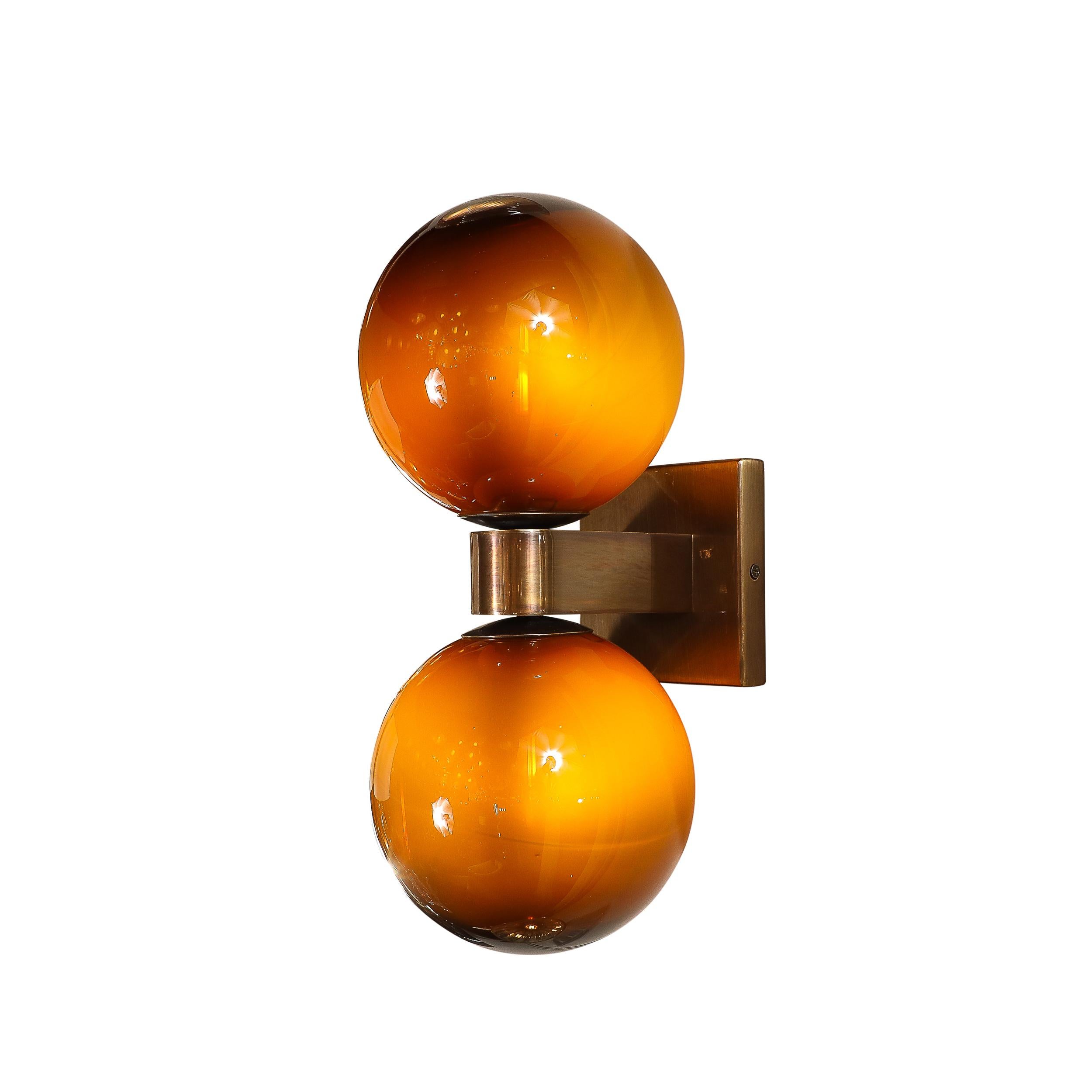 Italian Modernist Hand-Blown Murano Smoked Tortoise Glass Double Sphere & Bronze Sconces For Sale
