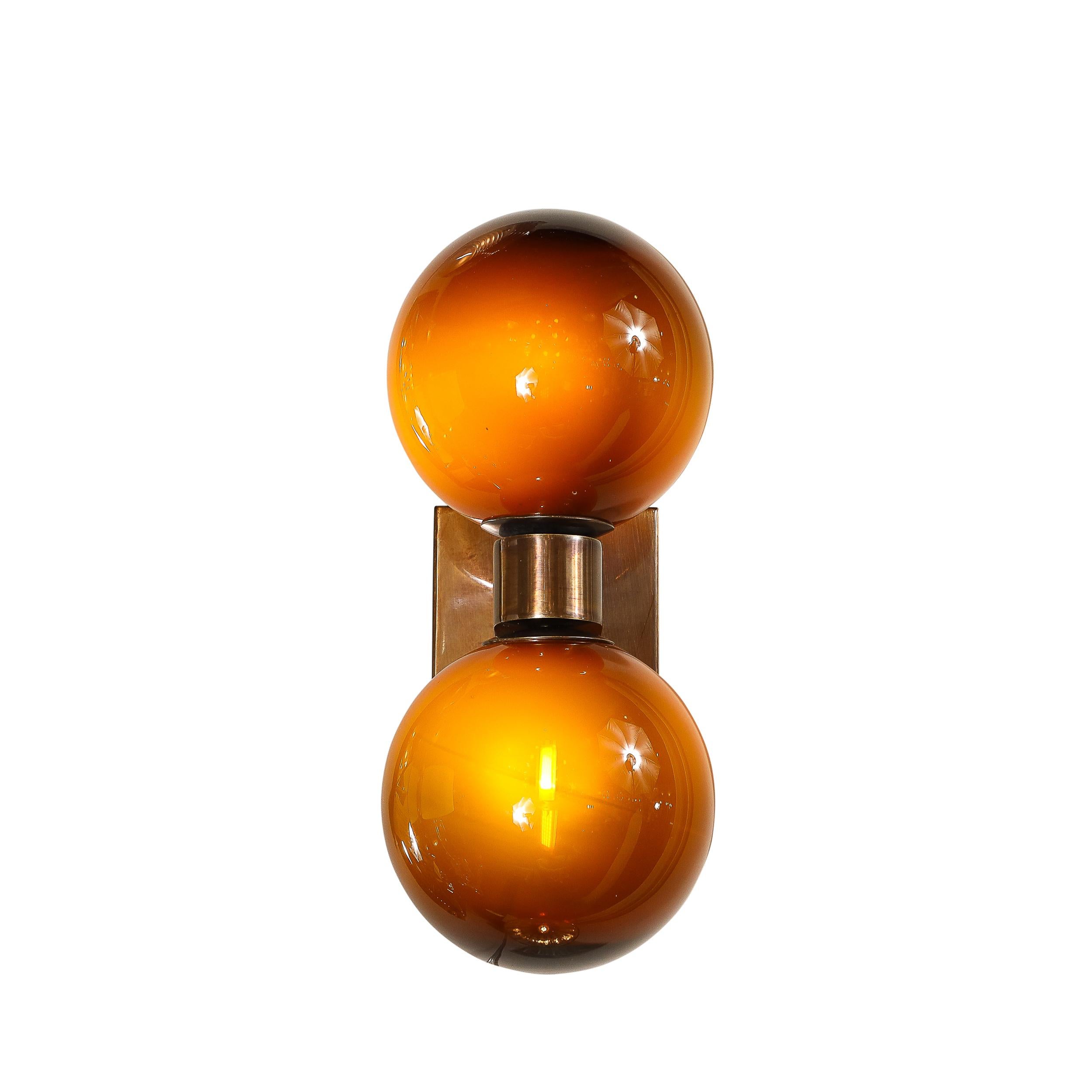 Modernist Hand-Blown Murano Smoked Tortoise Glass Double Sphere & Bronze Sconces In New Condition For Sale In New York, NY