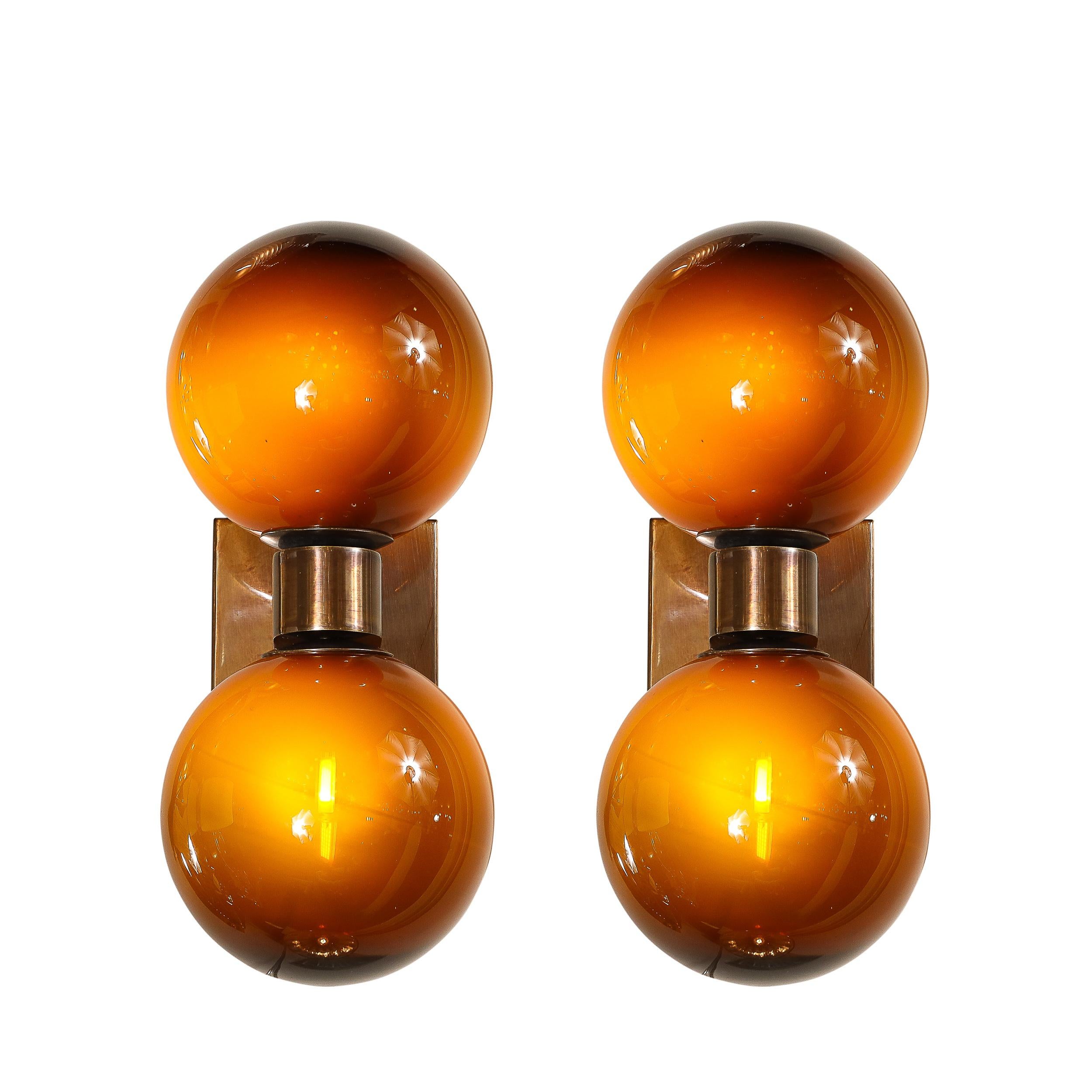 Contemporary Modernist Hand-Blown Murano Smoked Tortoise Glass Double Sphere & Bronze Sconces For Sale