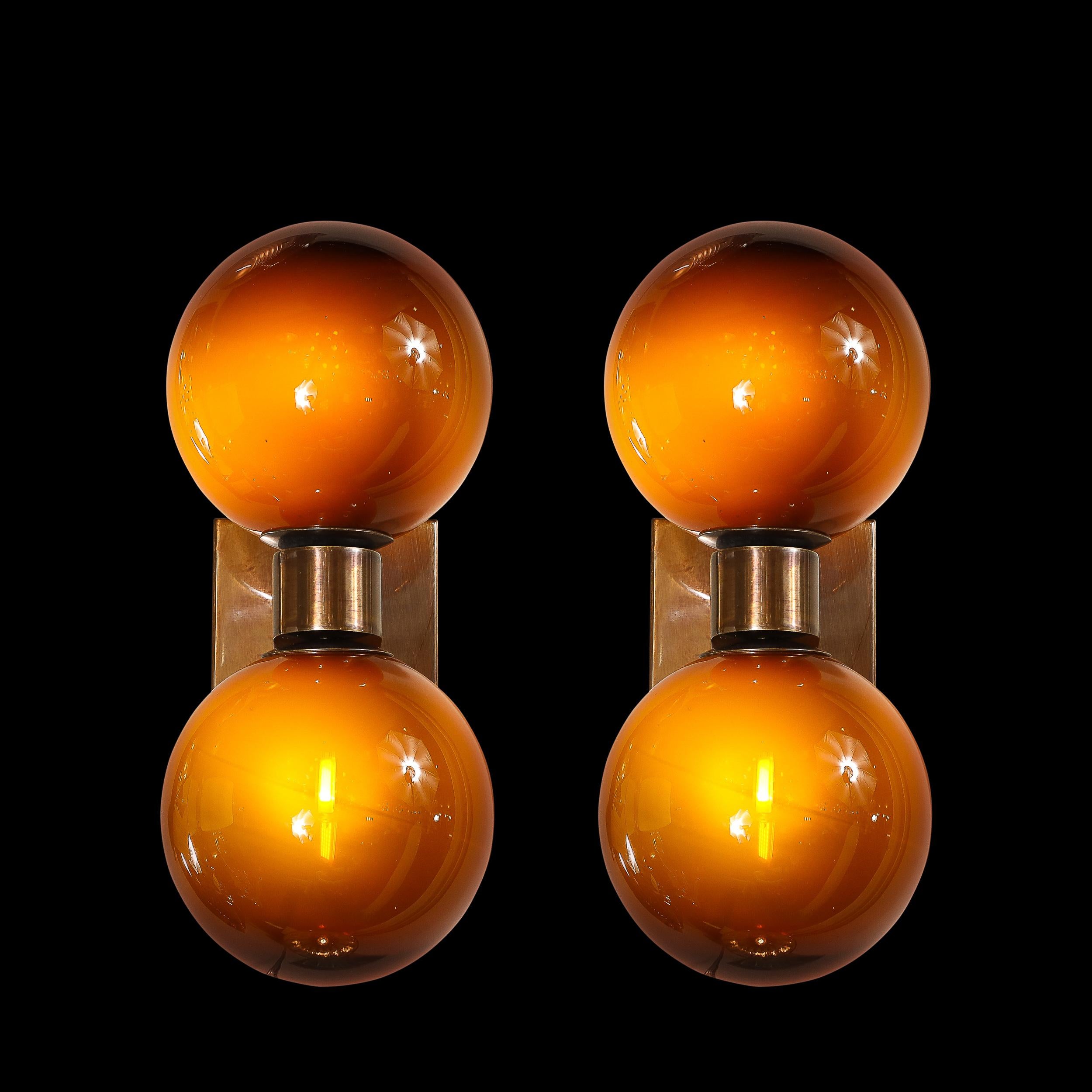 Modernist Hand-Blown Murano Smoked Tortoise Glass Double Sphere & Bronze Sconces For Sale 1
