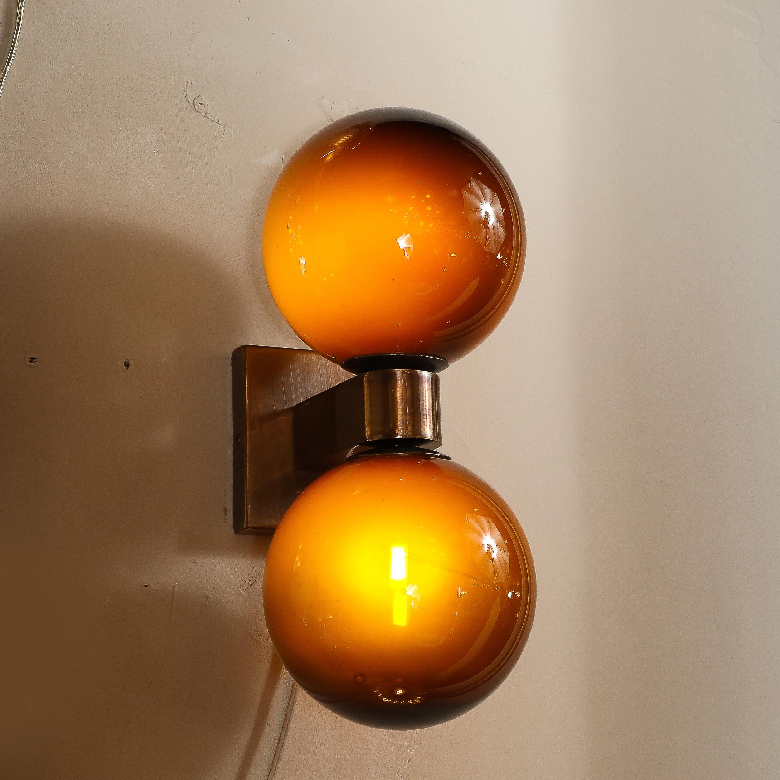 Modernist Hand-Blown Murano Smoked Tortoise Glass Double Sphere & Bronze Sconces For Sale 2