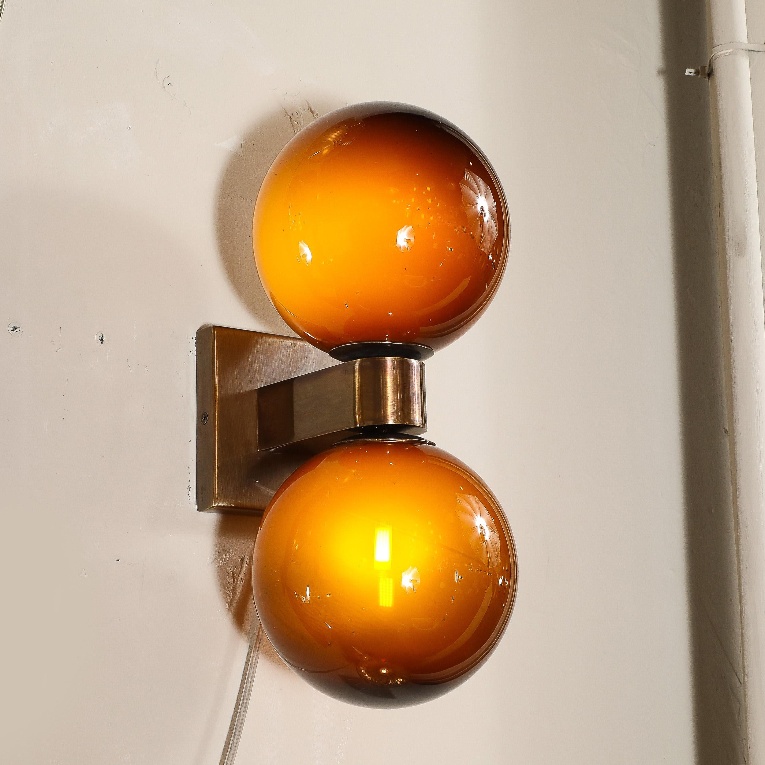Modernist Hand-Blown Murano Smoked Tortoise Glass Double Sphere & Bronze Sconces For Sale 3