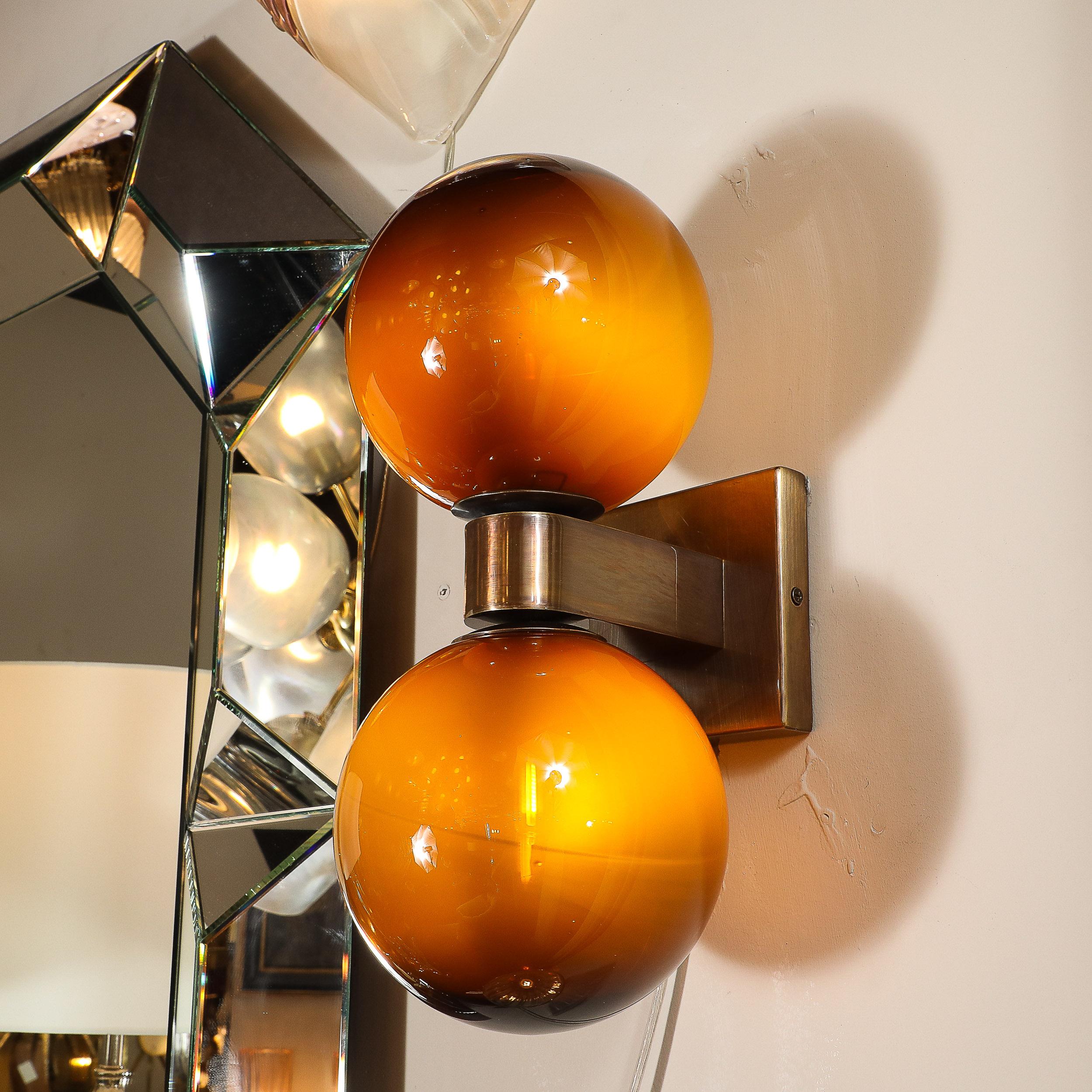 Modernist Hand-Blown Murano Smoked Tortoise Glass Double Sphere & Bronze Sconces For Sale 4