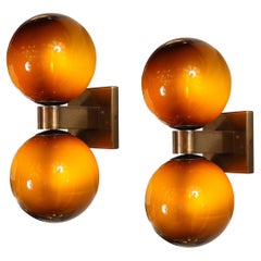Modernist Hand-Blown Murano Smoked Tortoise Glass Double Sphere & Bronze Sconces