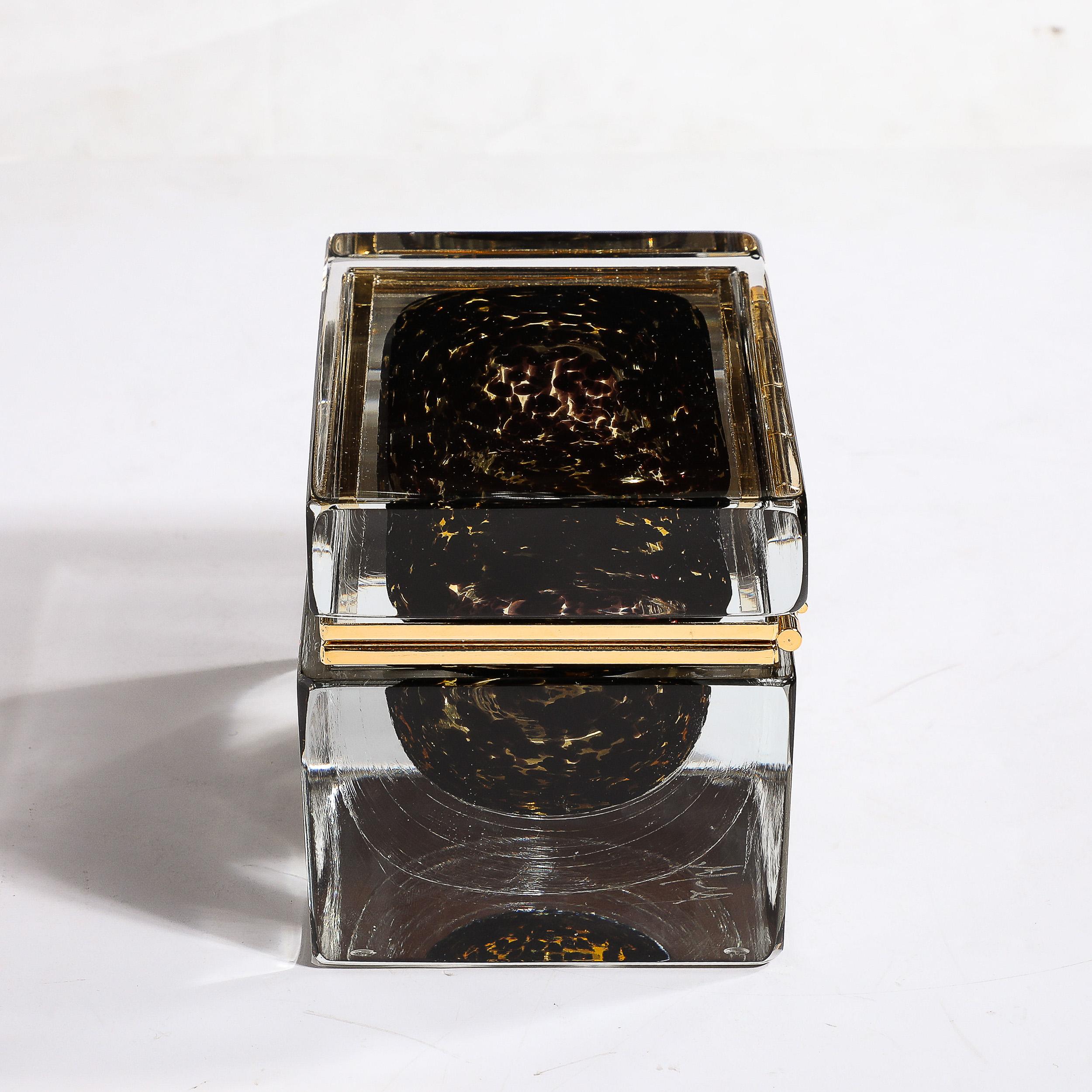 Modernist Hand-Blown Murano Spotted Jet Black & Clear Glass Box w/ Brass Fitting For Sale 7