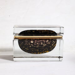 Modernist Hand-Blown Murano Spotted Jet Black & Clear Glass Box w/ Brass Fitting