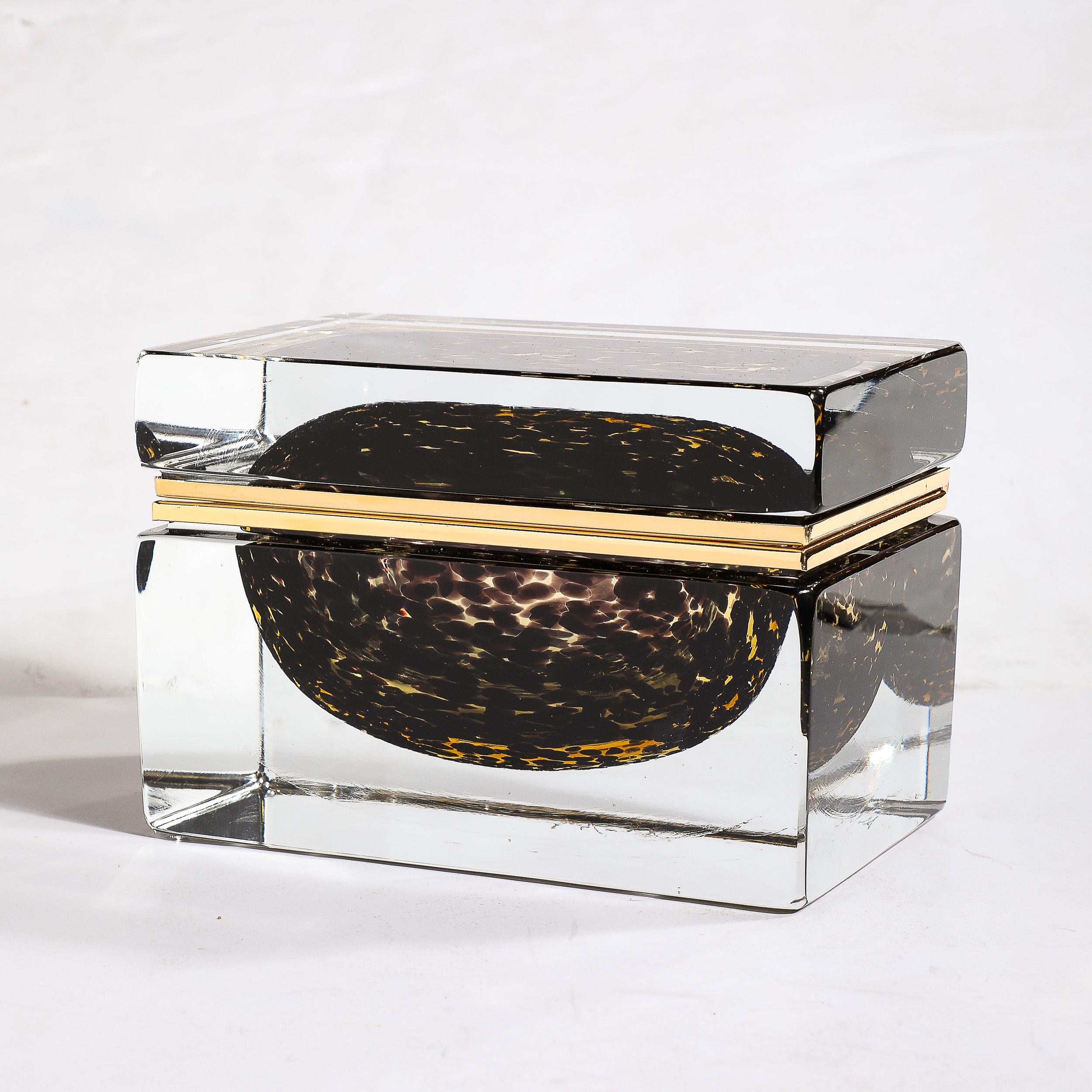 Italian Modernist Hand-Blown Murano Spotted Jet Black & Clear Glass Box w/ Brass Fitting For Sale