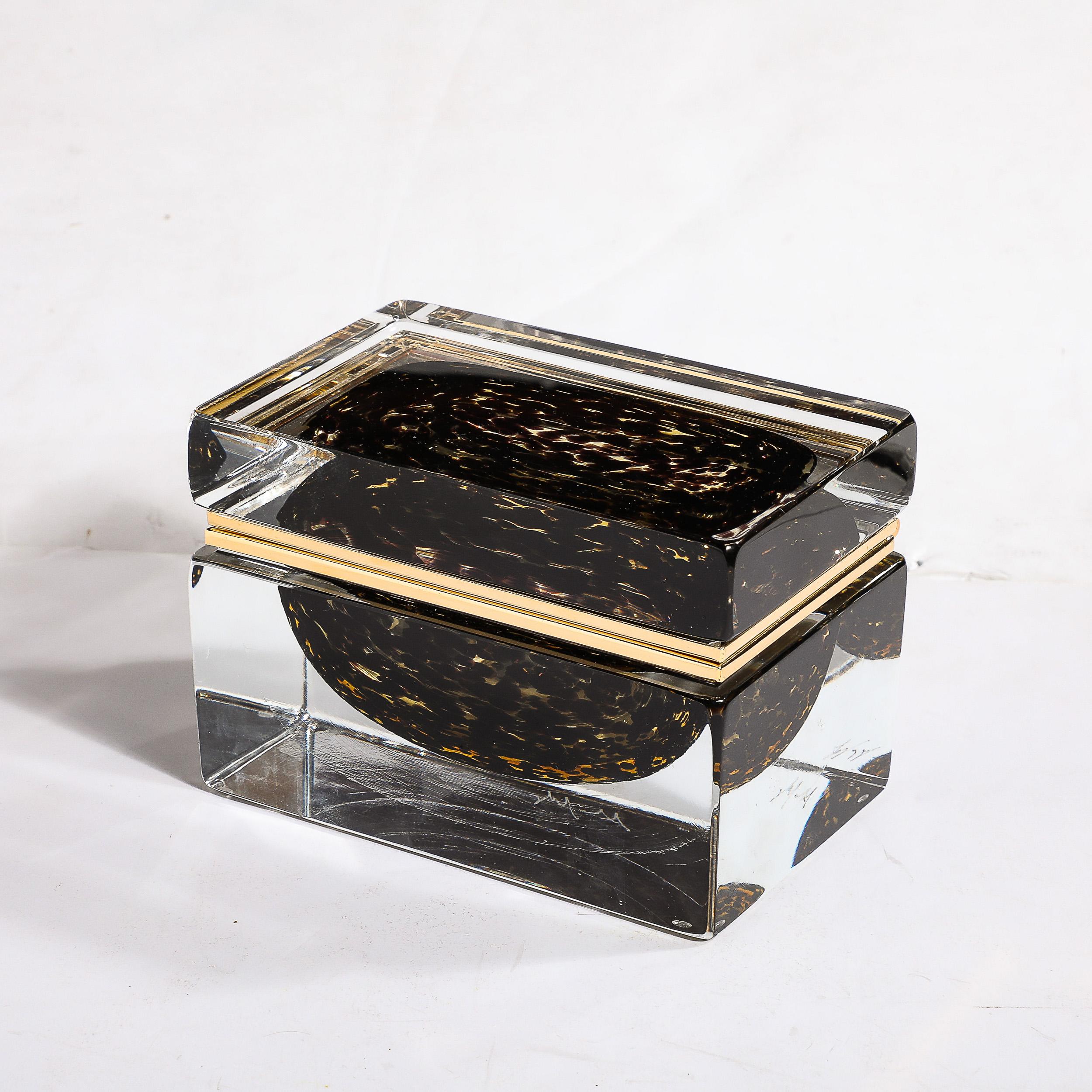 Modernist Hand-Blown Murano Spotted Jet Black & Clear Glass Box w/ Brass Fitting In New Condition For Sale In New York, NY