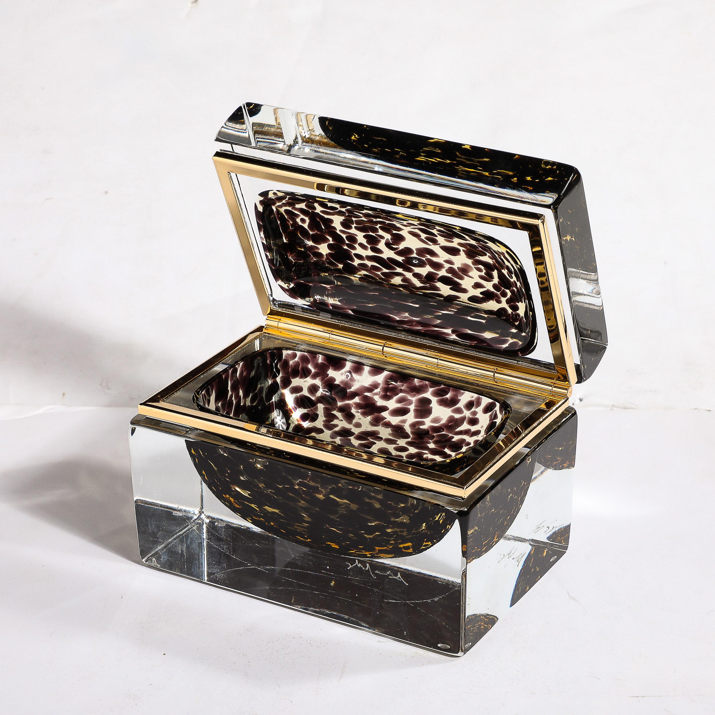Contemporary Modernist Hand-Blown Murano Spotted Jet Black & Clear Glass Box w/ Brass Fitting For Sale