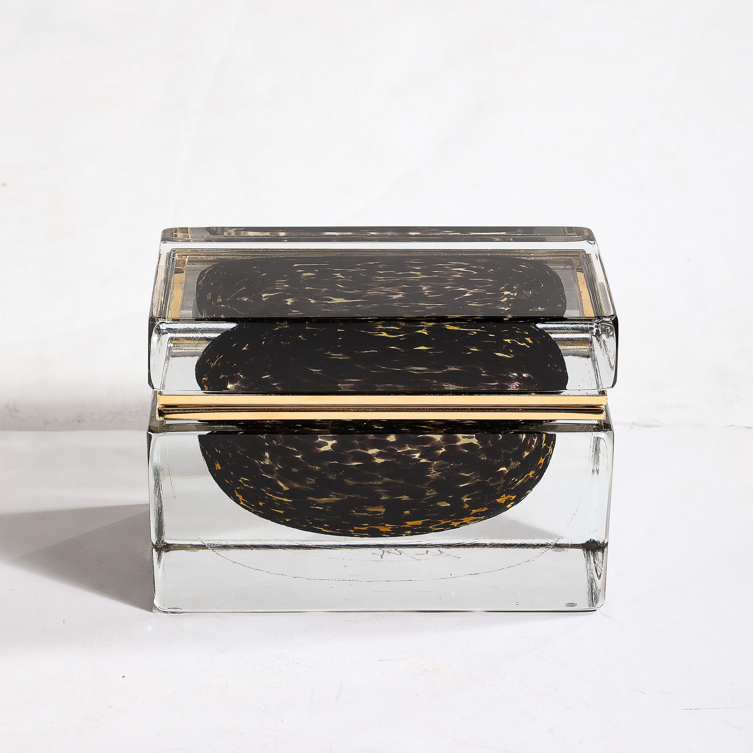 Modernist Hand-Blown Murano Spotted Jet Black & Clear Glass Box w/ Brass Fitting For Sale 1