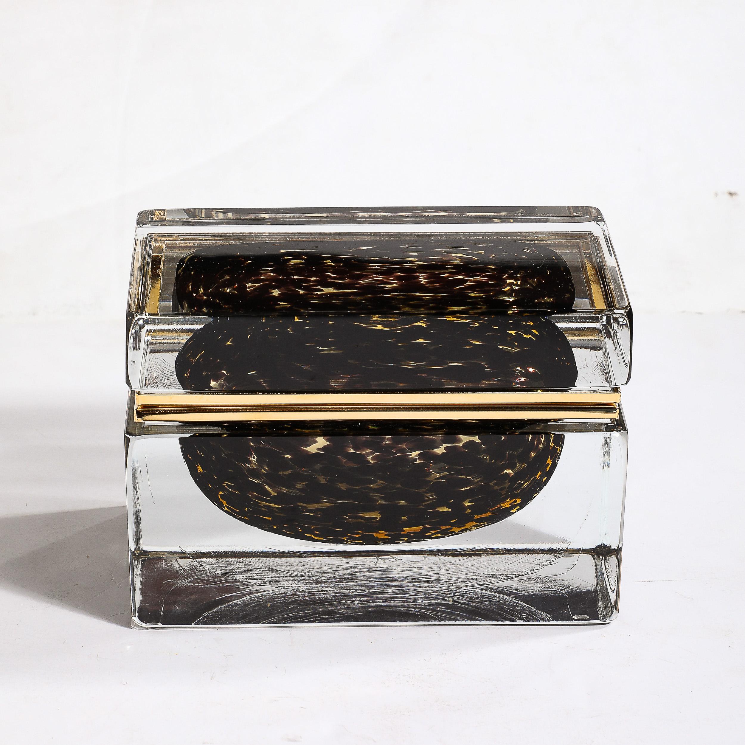 Modernist Hand-Blown Murano Spotted Jet Black & Clear Glass Box w/ Brass Fitting For Sale 2