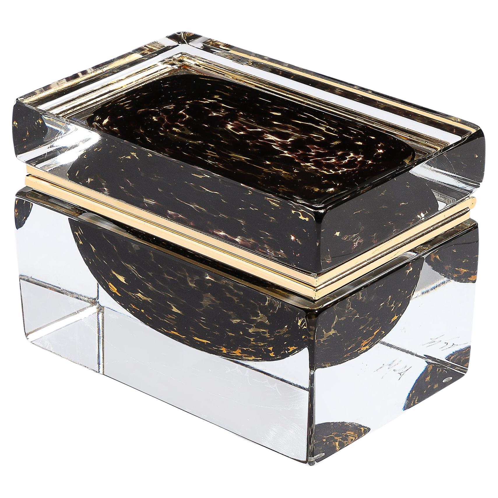 Modernist Hand-Blown Murano Spotted Jet Black & Clear Glass Box w/ Brass Fitting