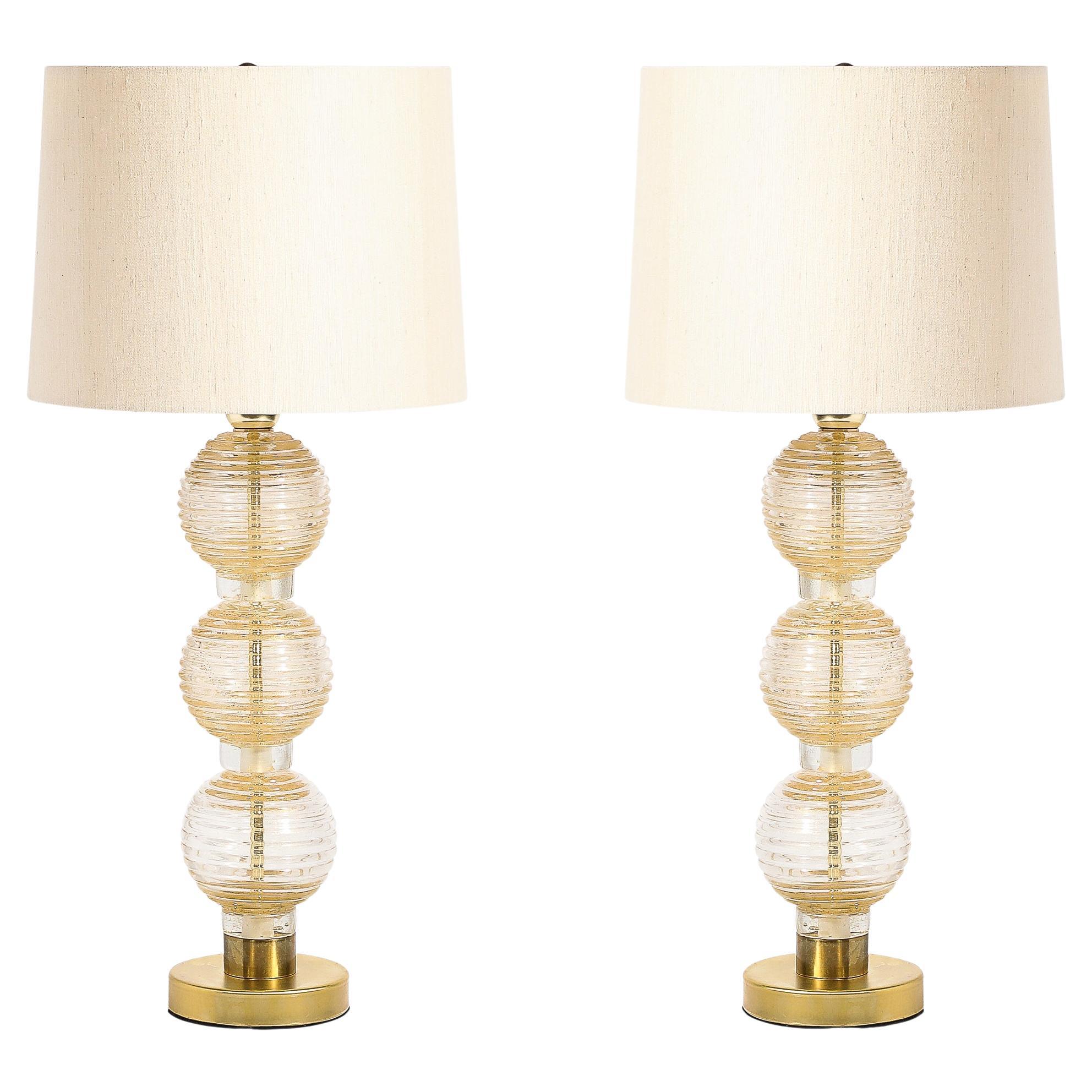 Modernist Hand-Blown Murano Stacked Ball Glass Table Lamps W/24karat Gold Flecks