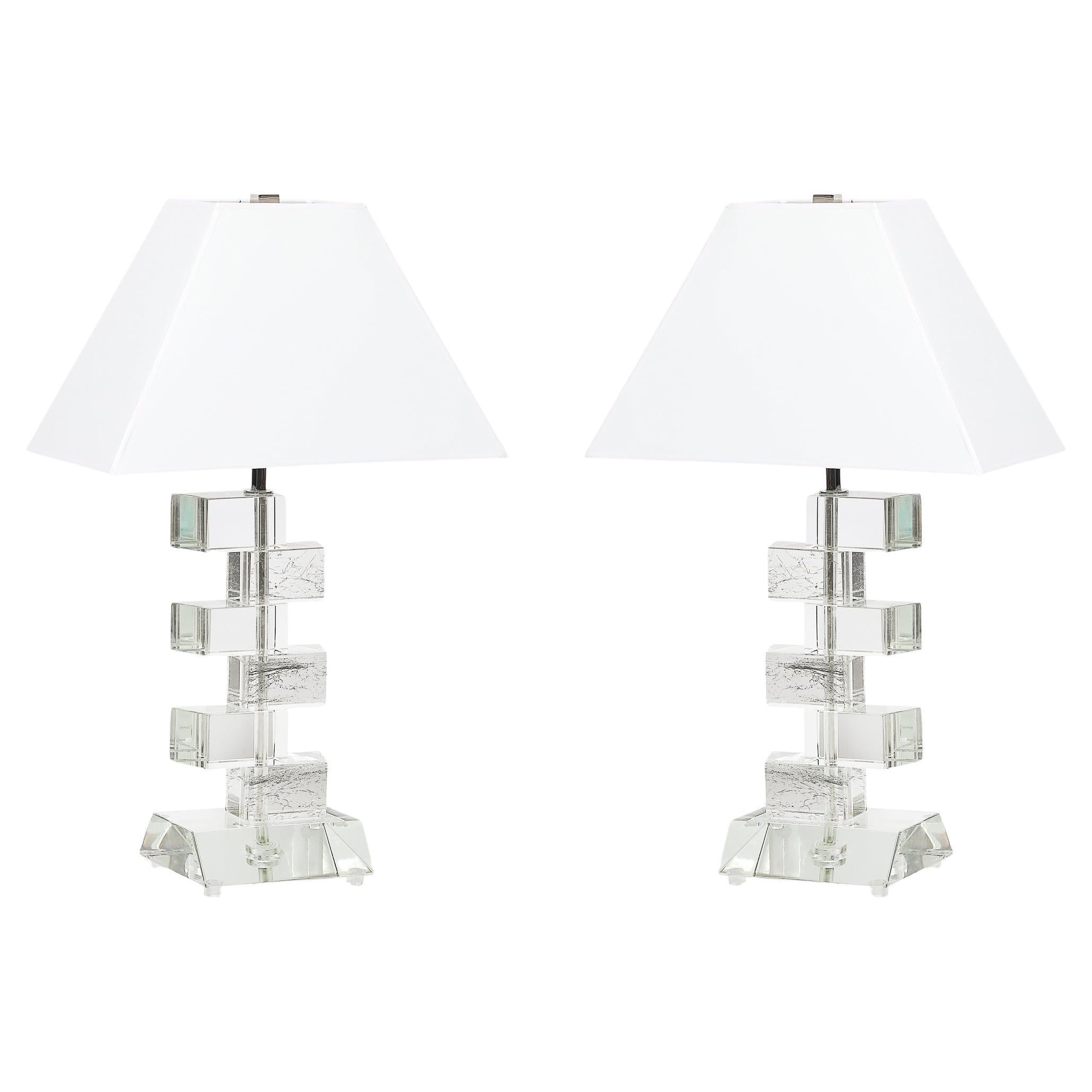 Modernist Hand-Blown Murano Stacked & Faceted Trapezoidal Glass Table Lamps For Sale
