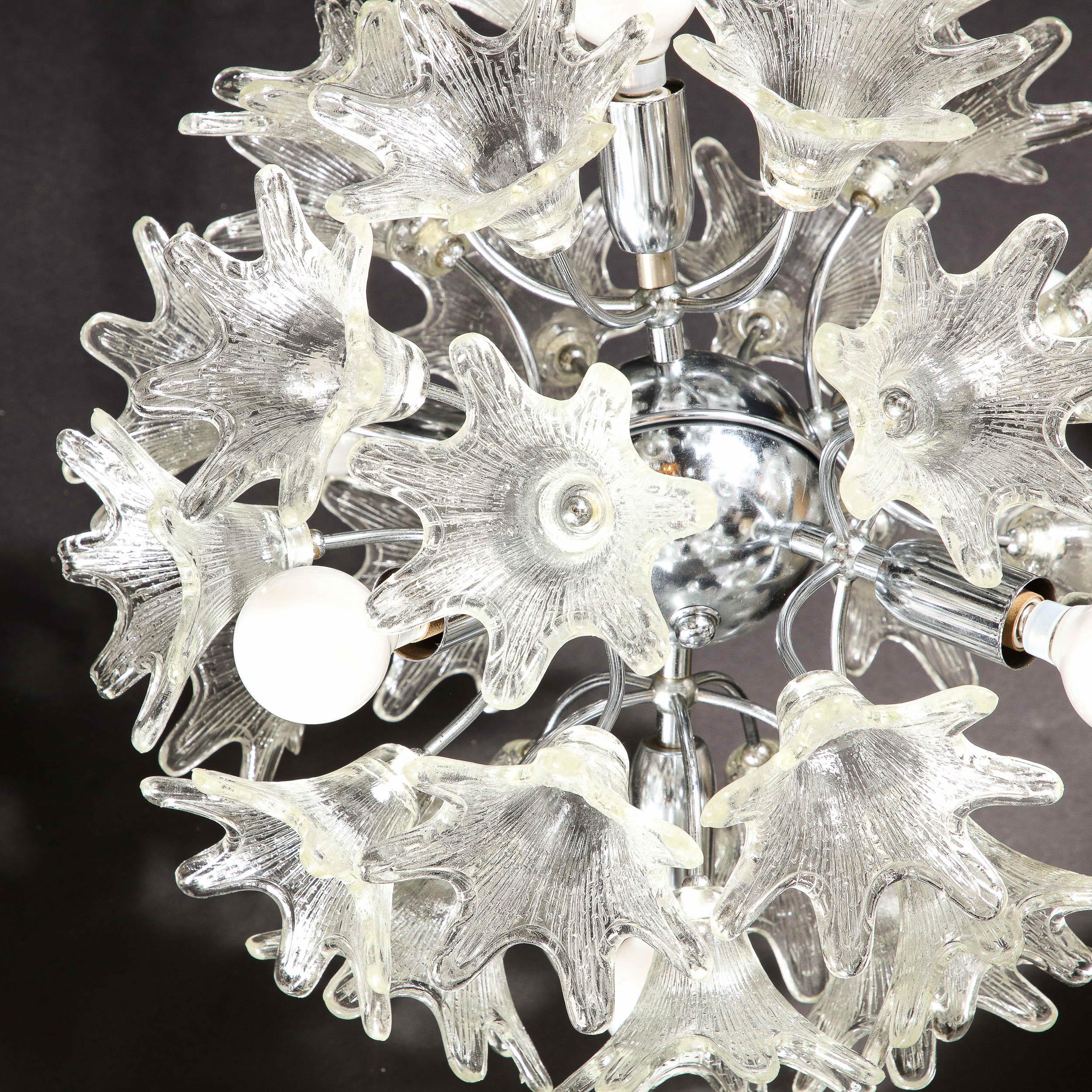 Modernist Hand-Blown Murano Translucent Glass & Chrome Floral Sputnik Chandelier For Sale 4