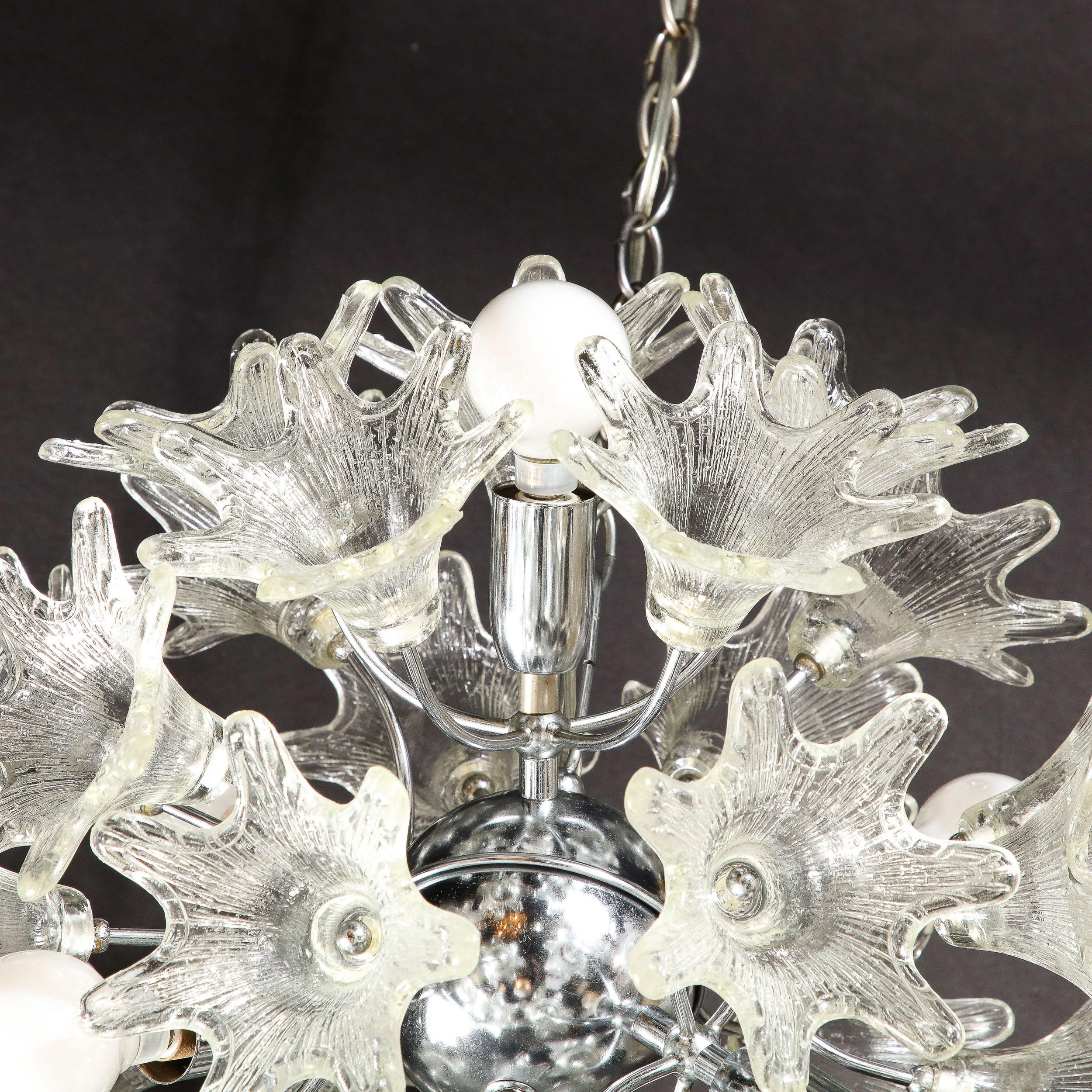 Modernist Hand-Blown Murano Translucent Glass & Chrome Floral Sputnik Chandelier For Sale 5