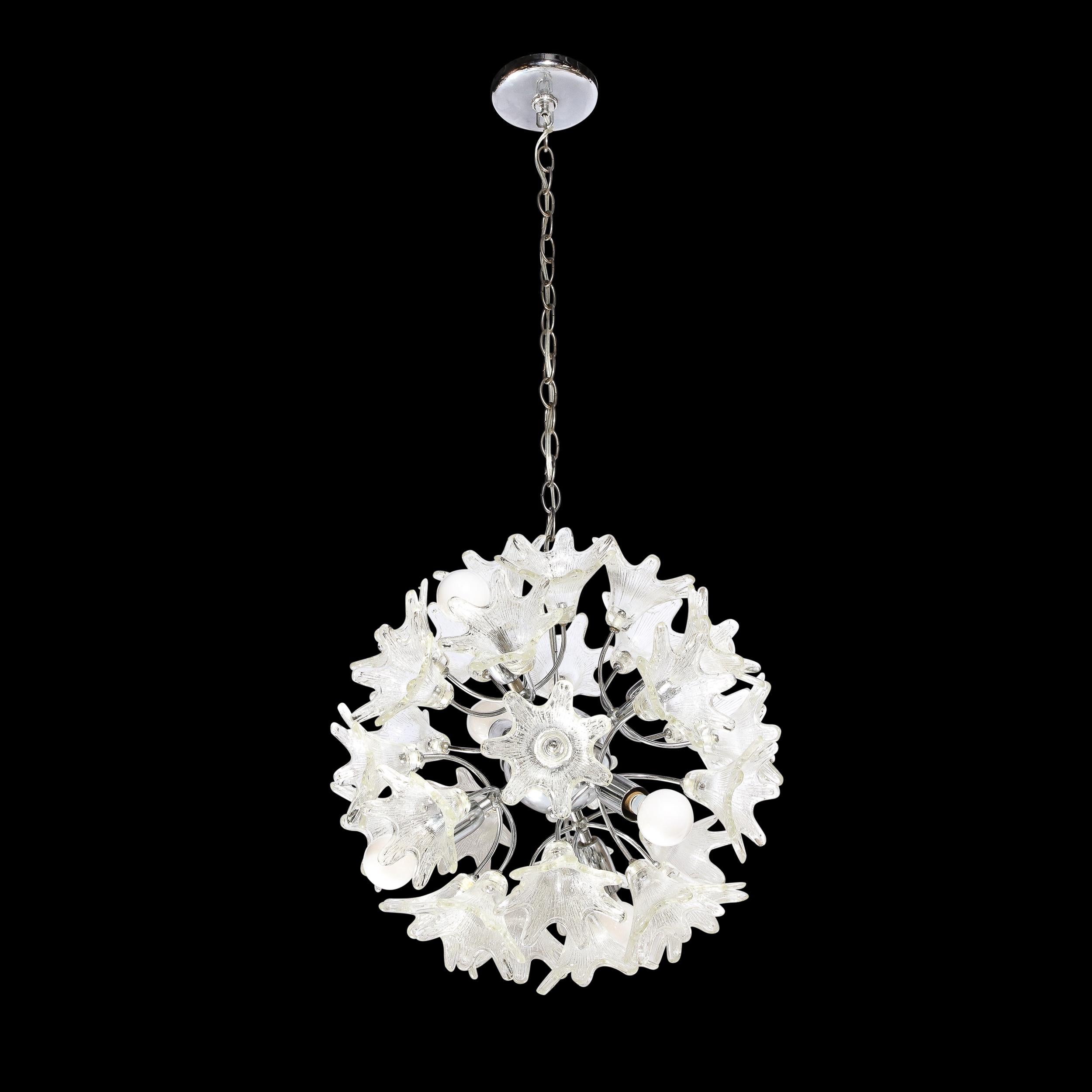 This beautiful modernist Floral Sputnik form Pendant Chandelier is composed in a Chrome frame with Hand-Blown Translucent Glass Shades, originating from Murano, Italy, Circa 1970. With a classical feeling in highly modern form and unique technical