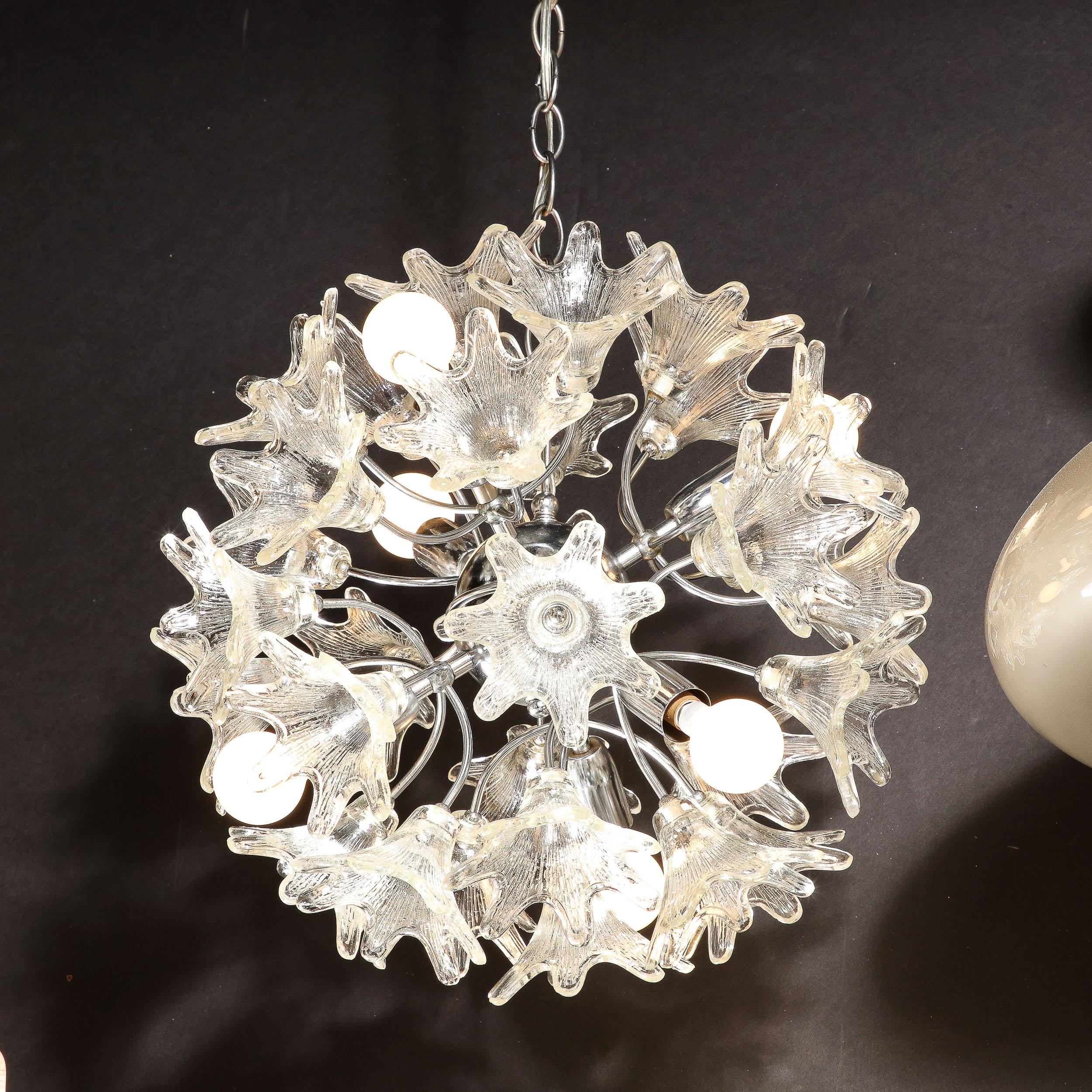 Modernist Hand-Blown Murano Translucent Glass & Chrome Floral Sputnik Chandelier In Excellent Condition For Sale In New York, NY