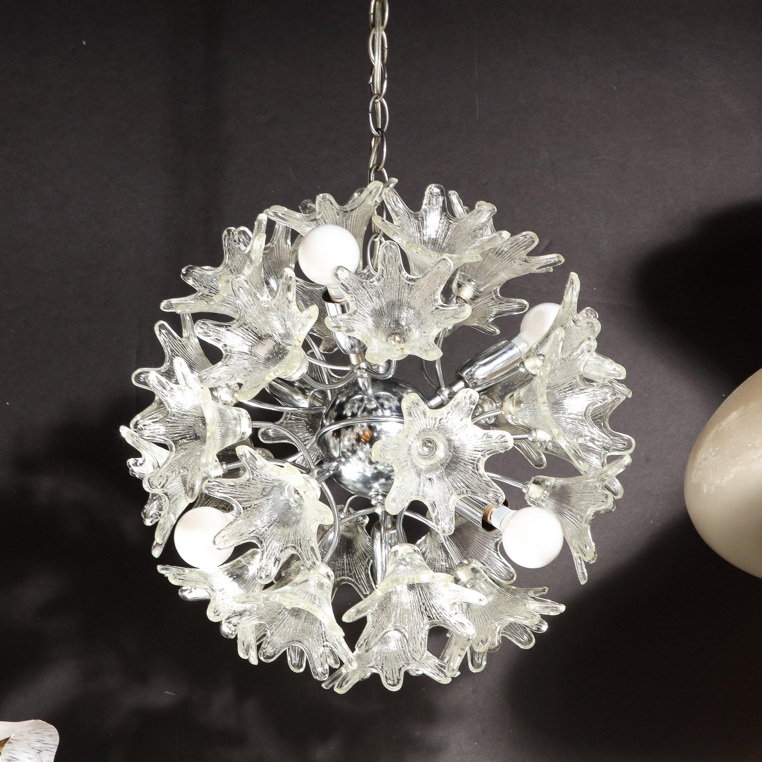 Modernist Hand-Blown Murano Translucent Glass & Chrome Floral Sputnik Chandelier For Sale 1