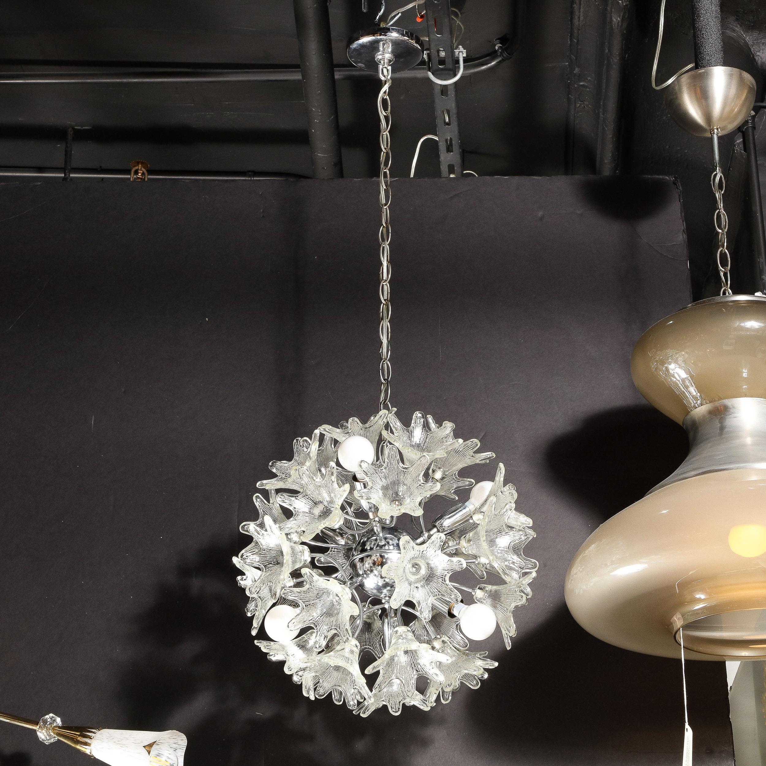Modernist Hand-Blown Murano Translucent Glass & Chrome Floral Sputnik Chandelier For Sale 2