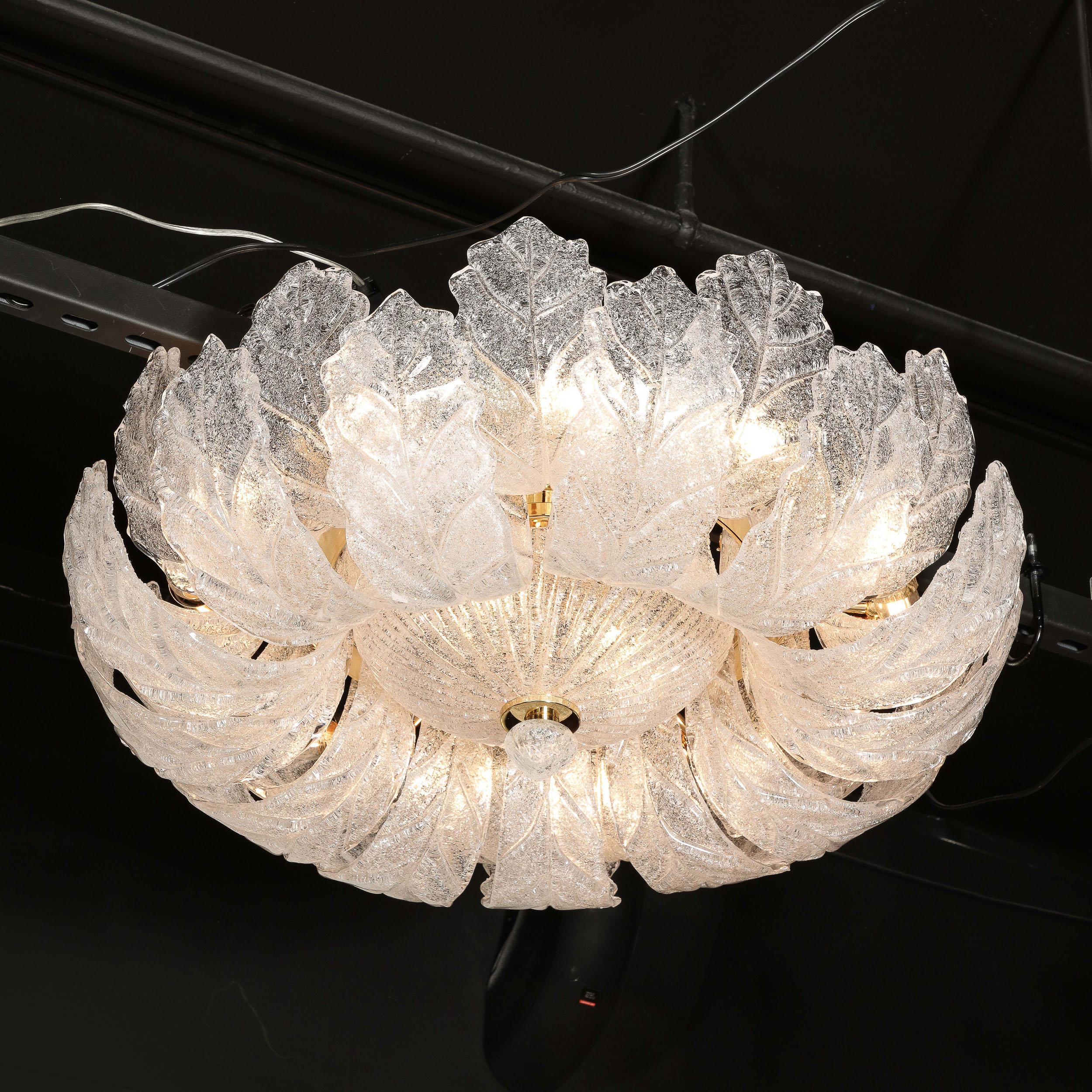 Contemporary Modernist Hand-Blown Murano Translucent Glass Foglia Leaf Flushmount Chandelier For Sale