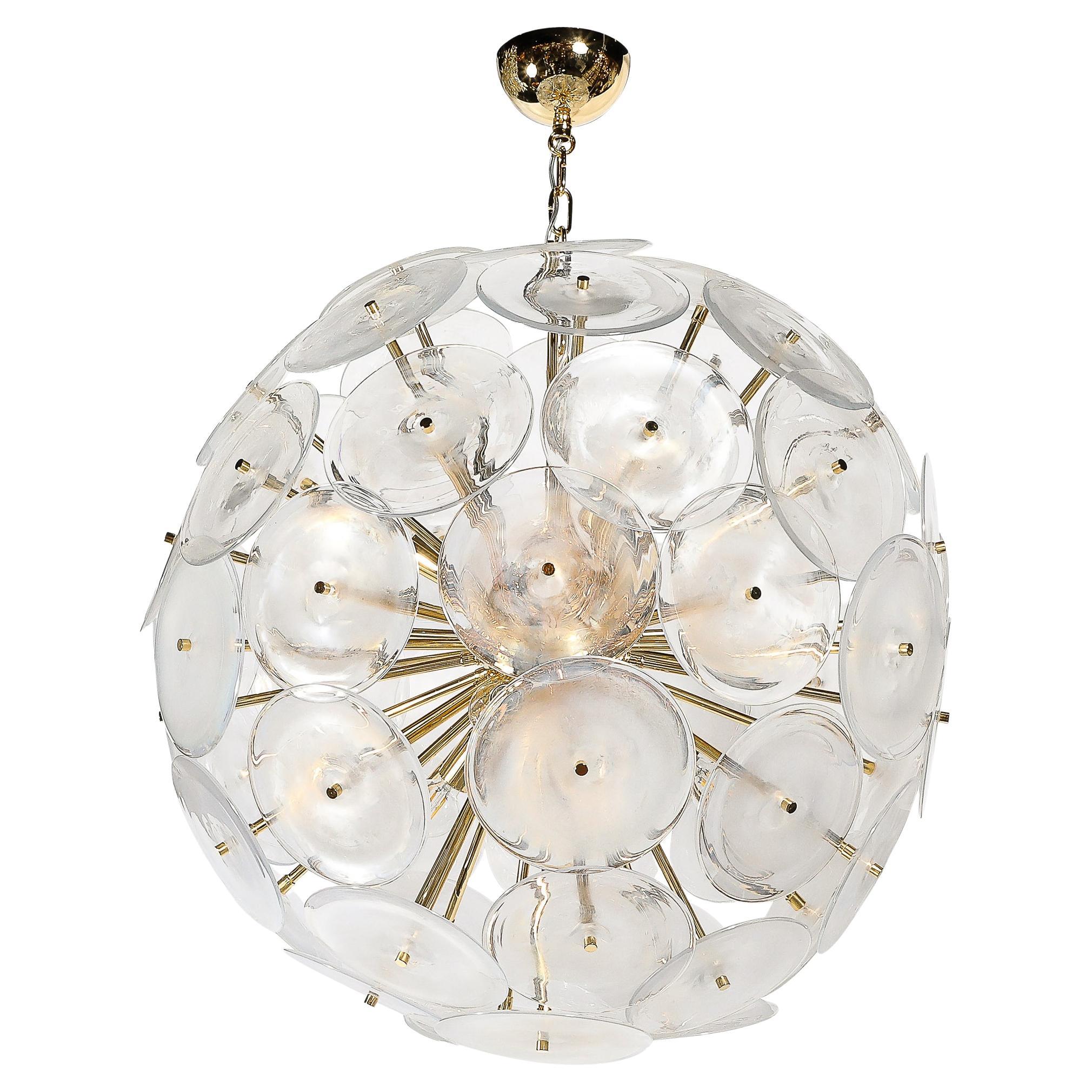 Modernist Hand-Blown Opalescent Murano Glass Disk Chandelier w/ Brass Fittings