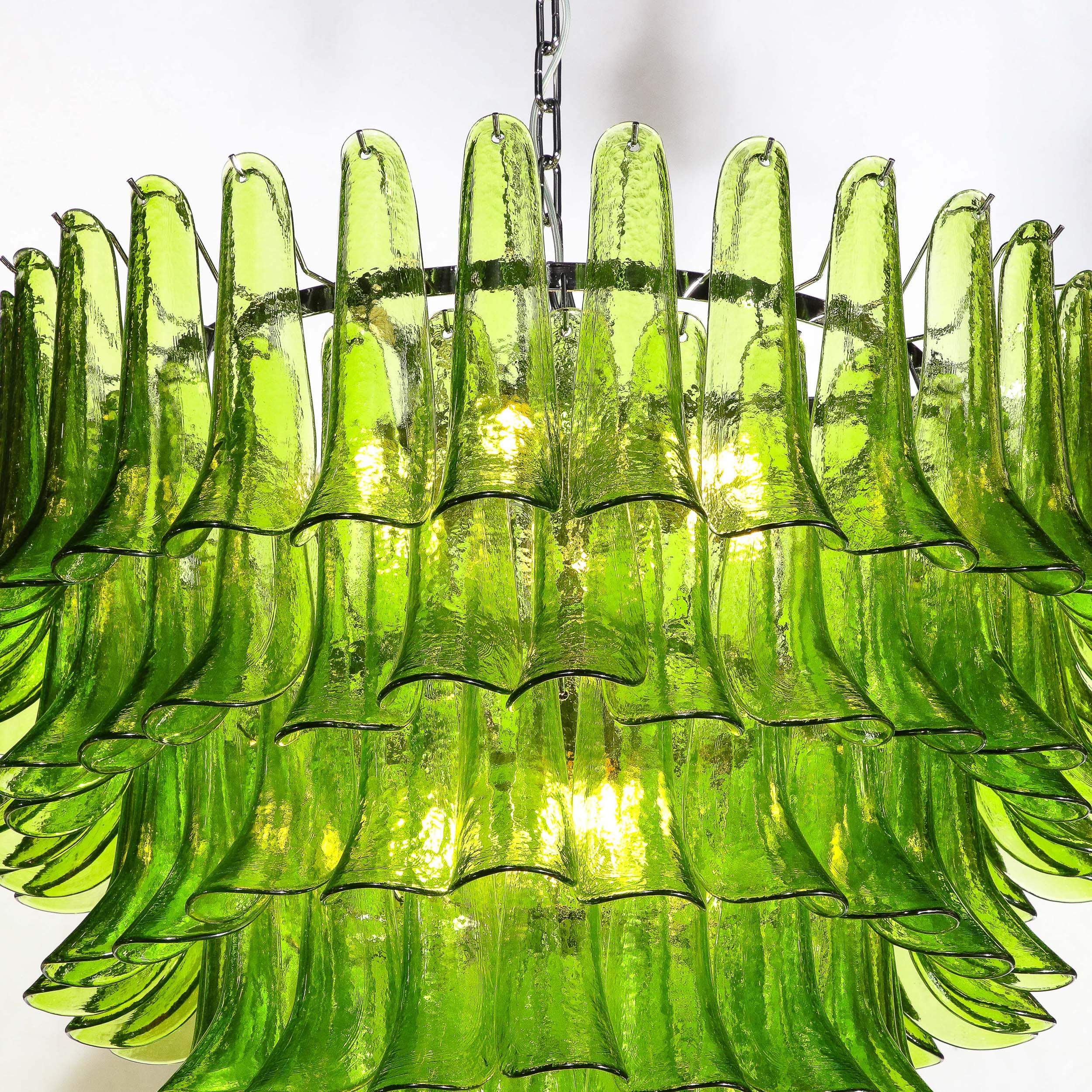 Modernist Hand-Blown Peridot Murano Glass Feather Chandelier w/ Chrome Fittings For Sale 5